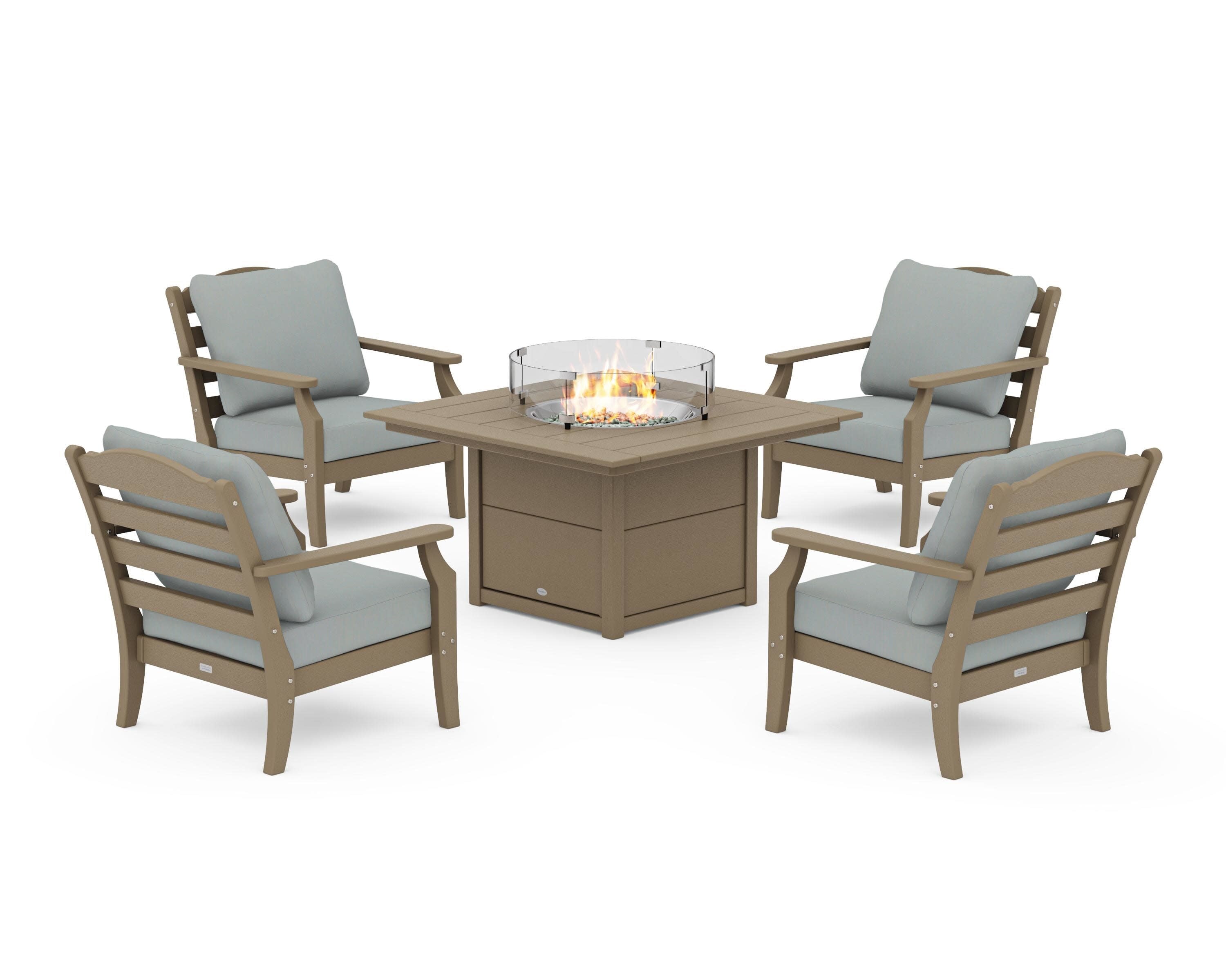 Savannah 5-Piece Deep Seating Set with Fire Pit Table in Vintage Sahara / Spa