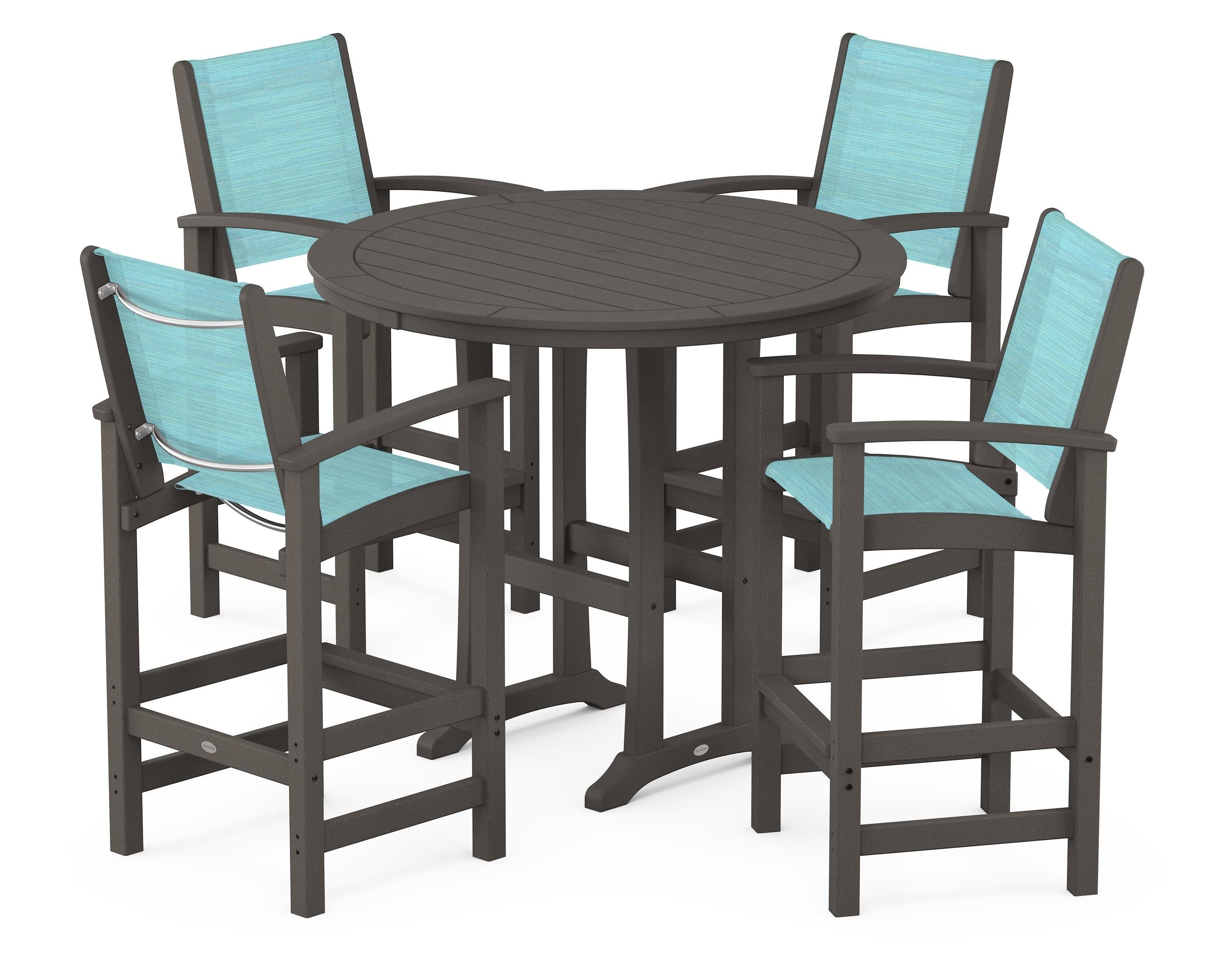 Coastal 5-Piece Nautical Trestle Bar Set in Vintage Coffee / Dupioni Aquamarine Sling