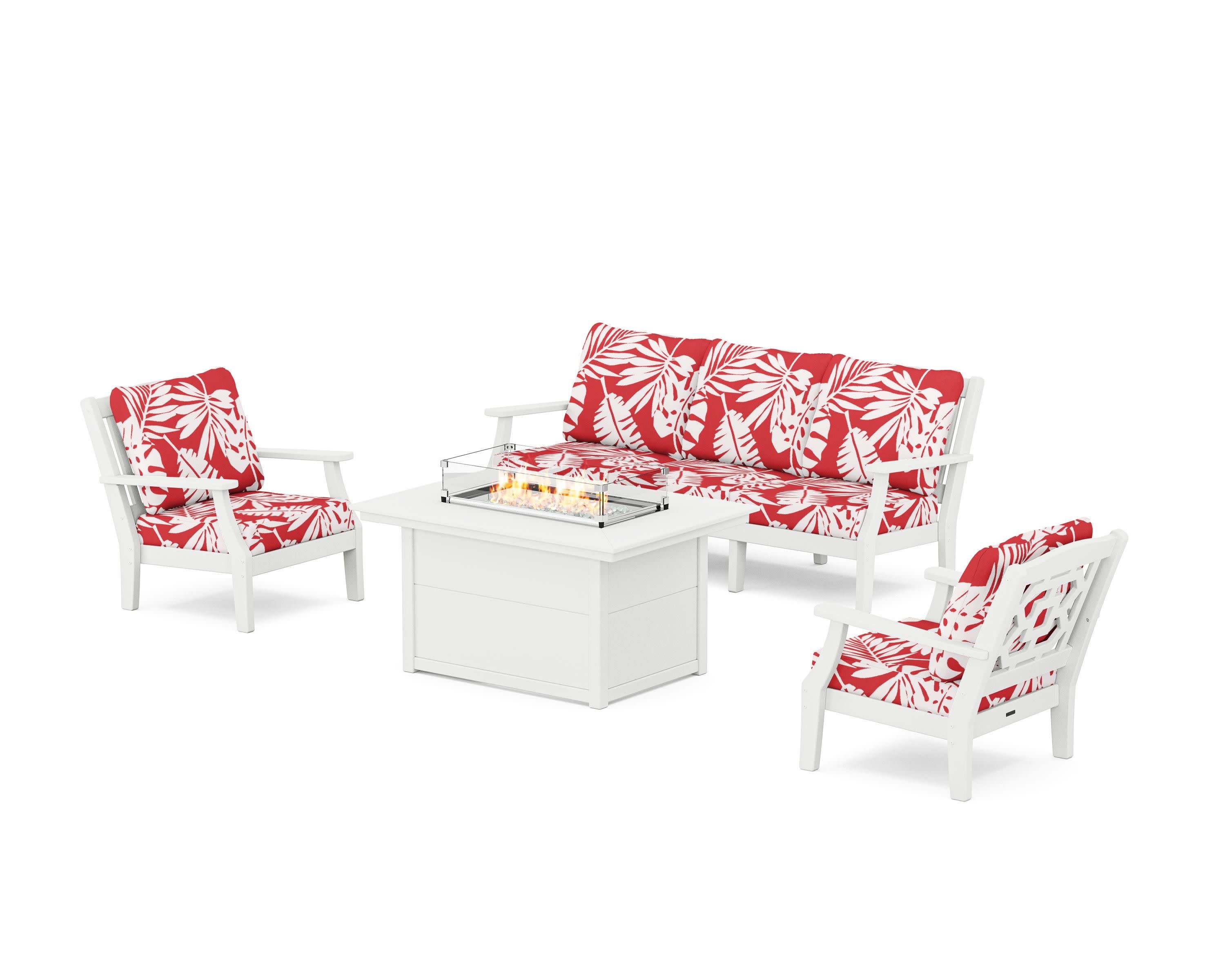 Chinoiserie Deep Seating Fire Pit Table Set in White / Leaf Crimson