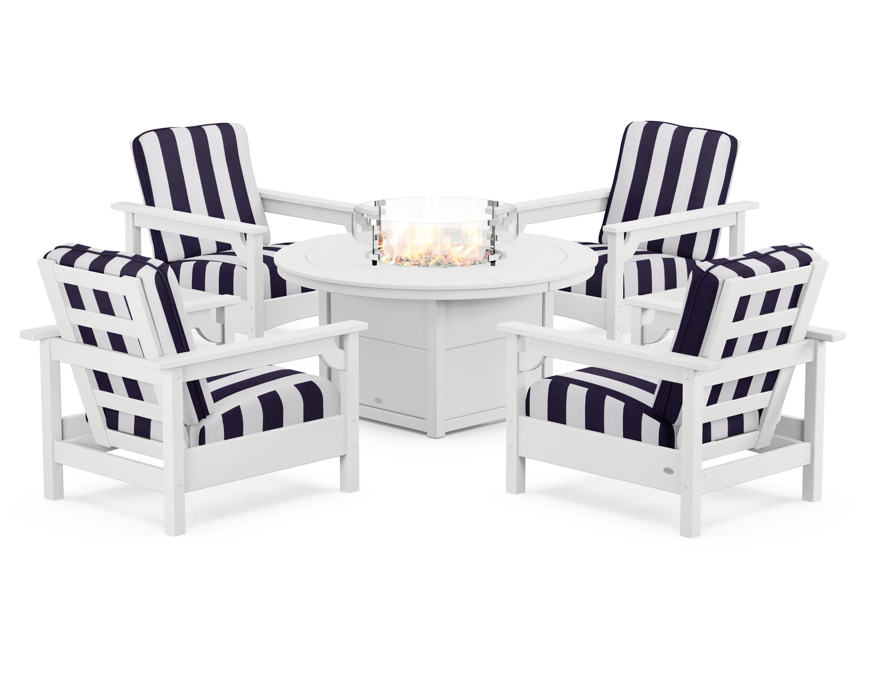 Club 5-Piece Conversation Set with Fire Pit Table in White / Cabana Stripe Navy