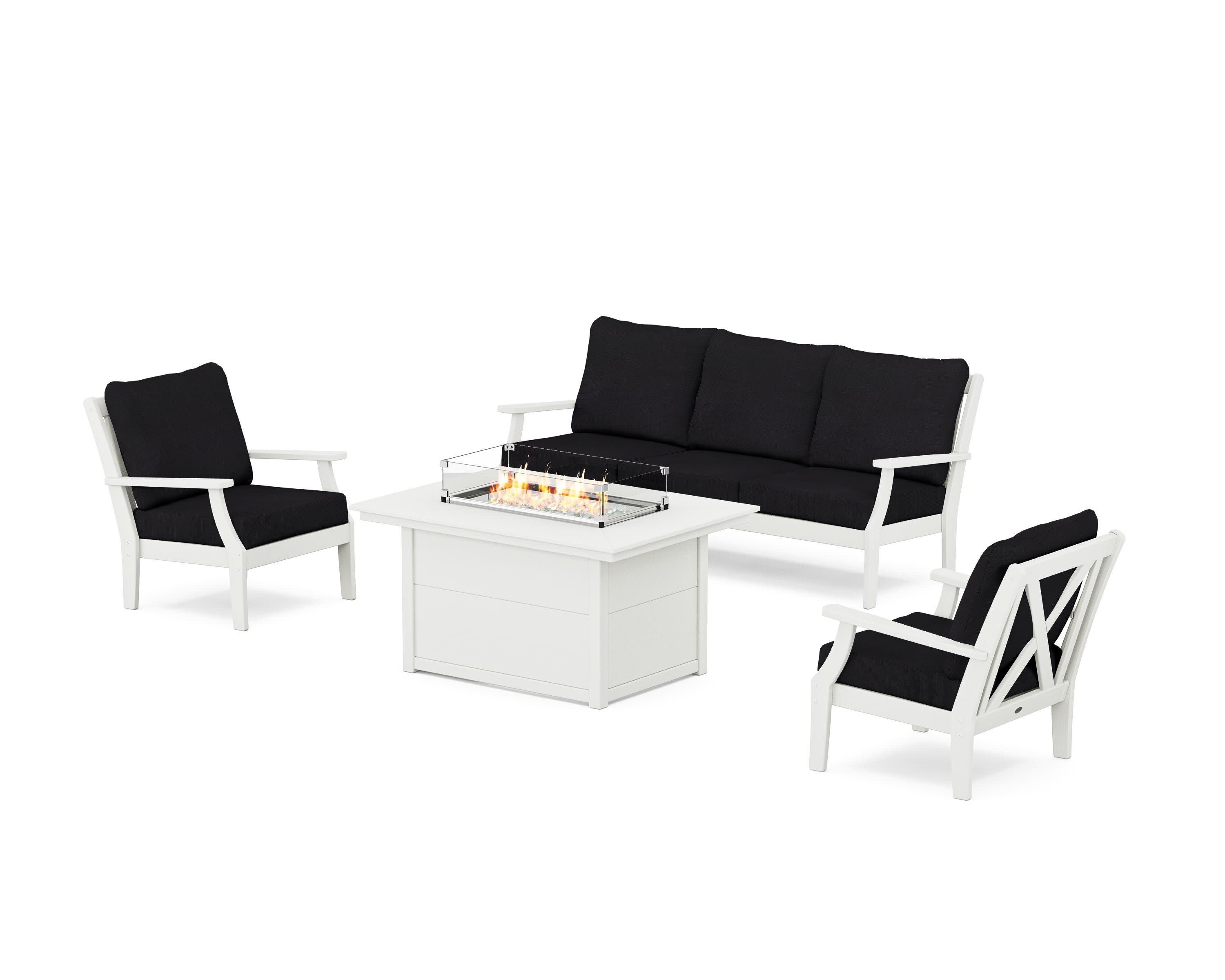 Braxton Deep Seating Fire Pit Table Set in Vintage White / Midnight Linen