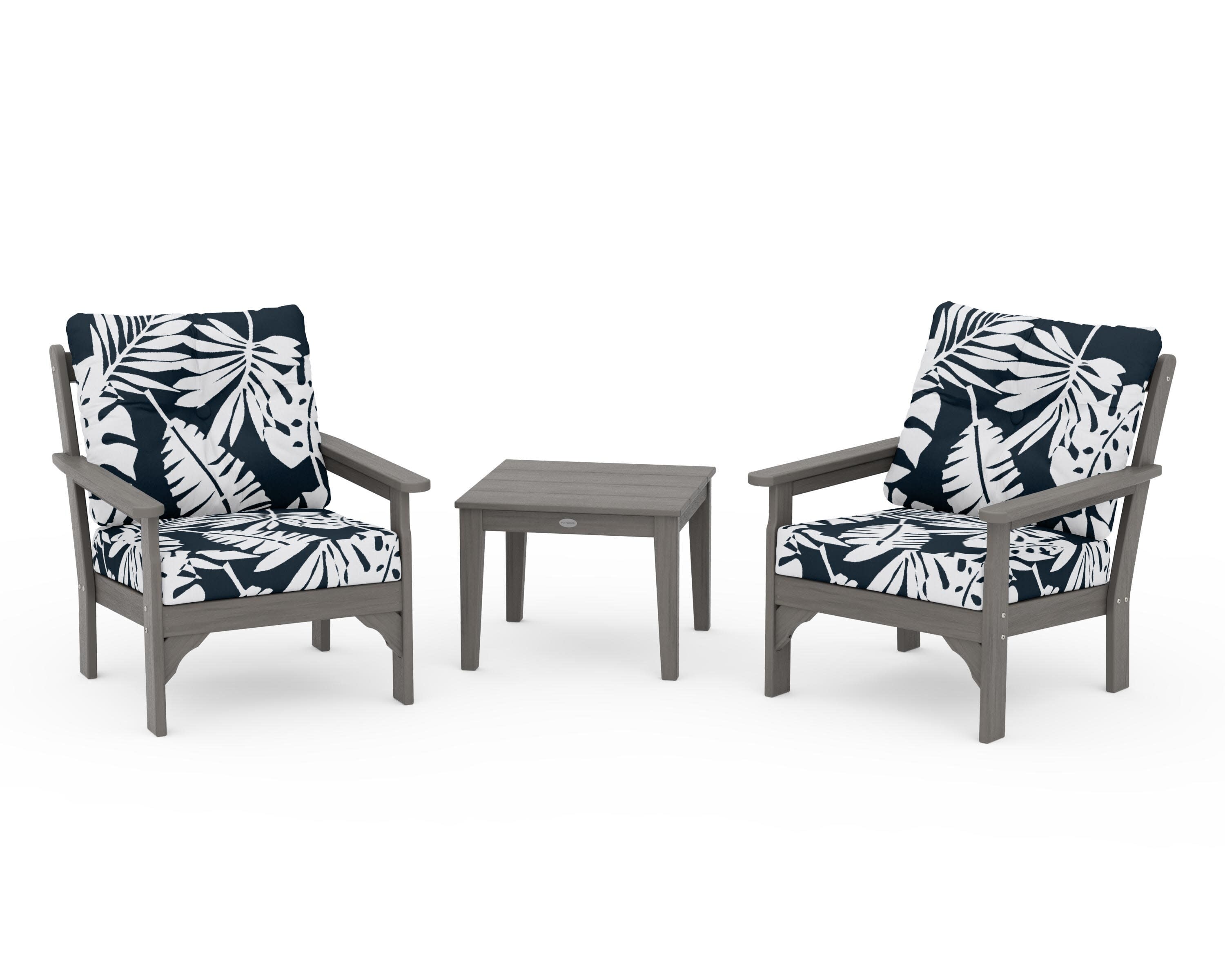 Vineyard 3-Piece Deep Seating Set in Driftwood / Leaf Marine Indigo