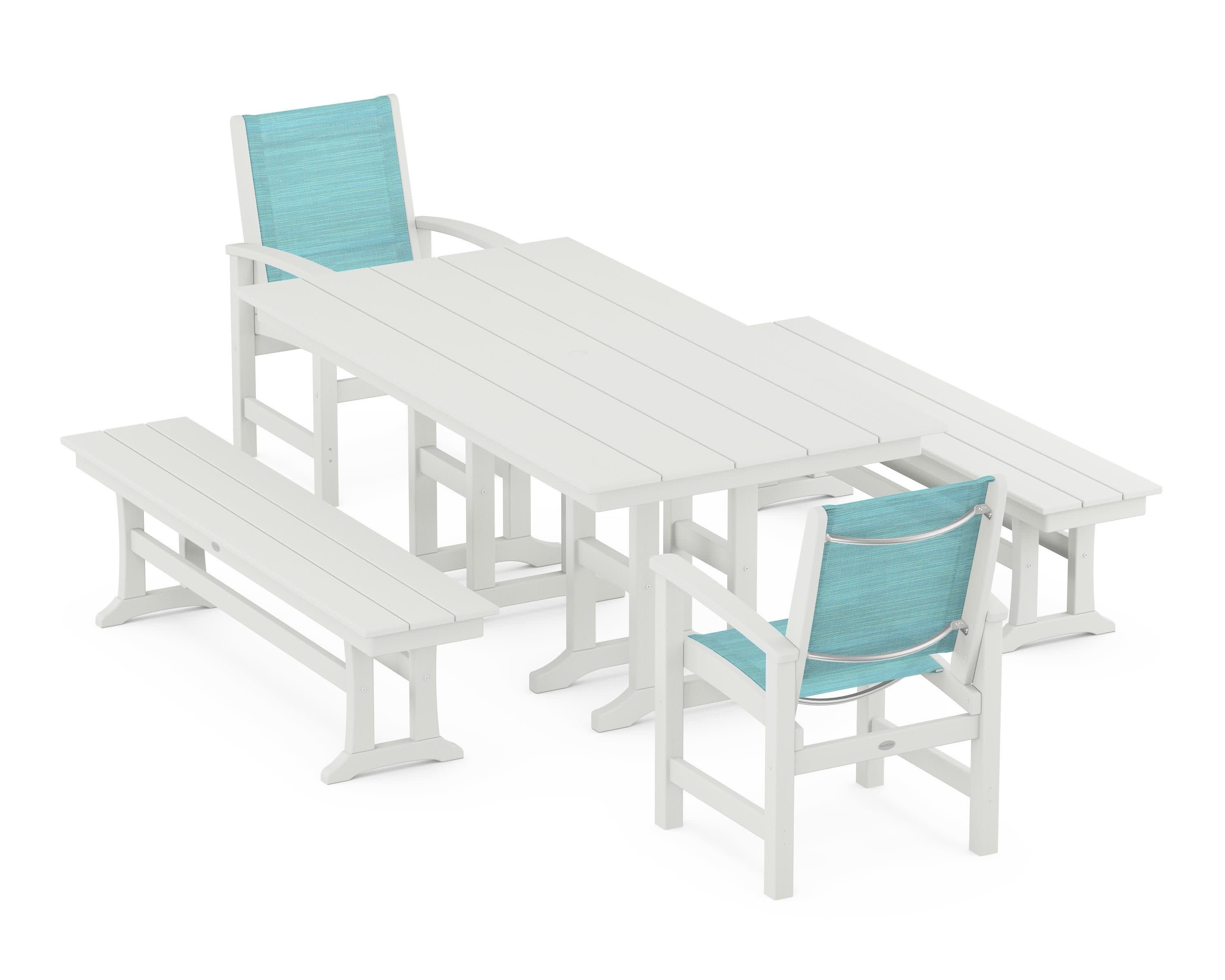Coastal 5-Piece Farmhouse Dining Set in Vintage White / Dupioni Aquamarine Sling