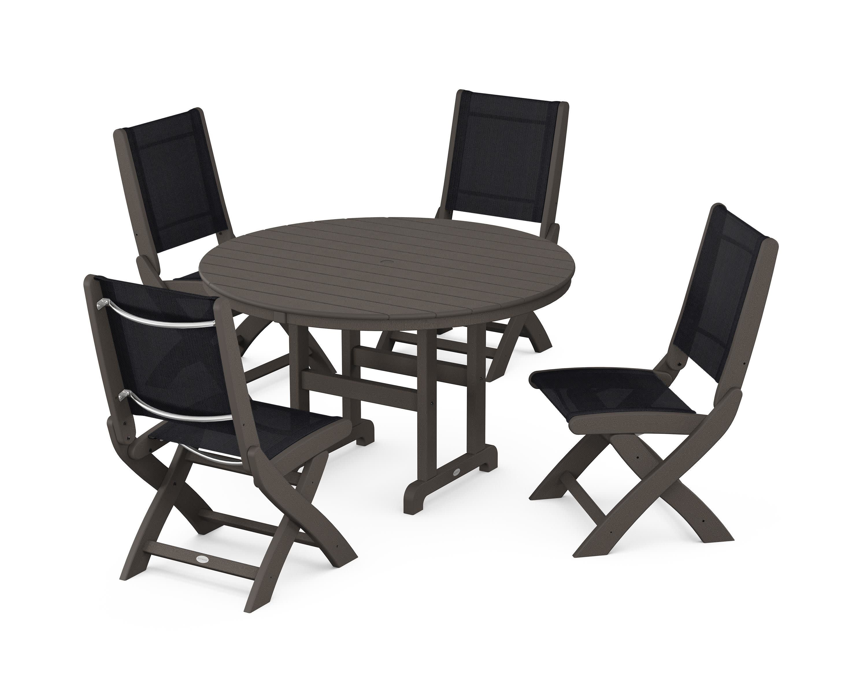 Coastal Folding Side Chair 5-Piece Round Dining Set in Vintage Coffee / Black Sling