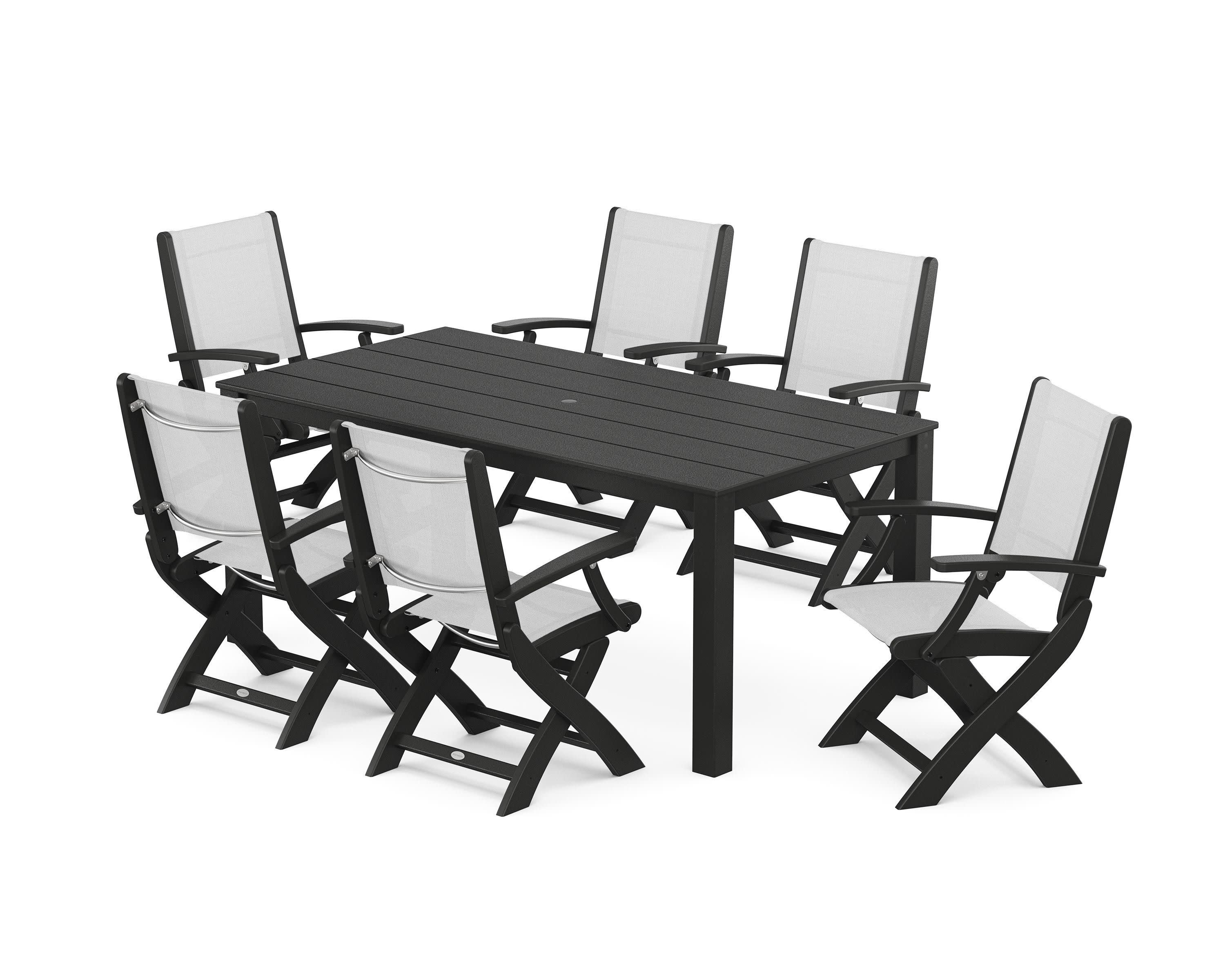Coastal Folding Chair 7-Piece Parsons Dining Set in Black / White Sling