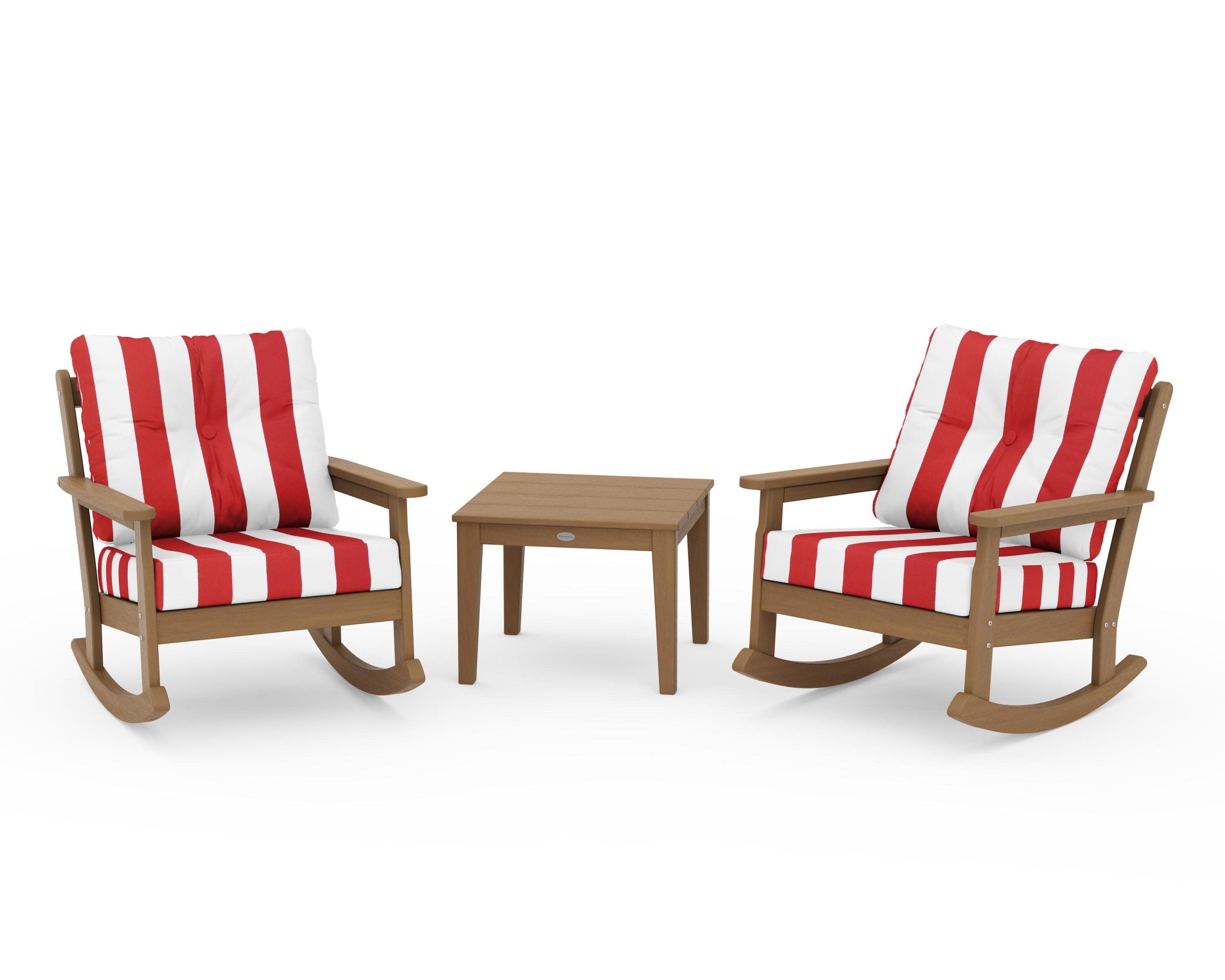 Vineyard 3-Piece Deep Seating Rocker Set in Natural / Cabana Stripe Crimson