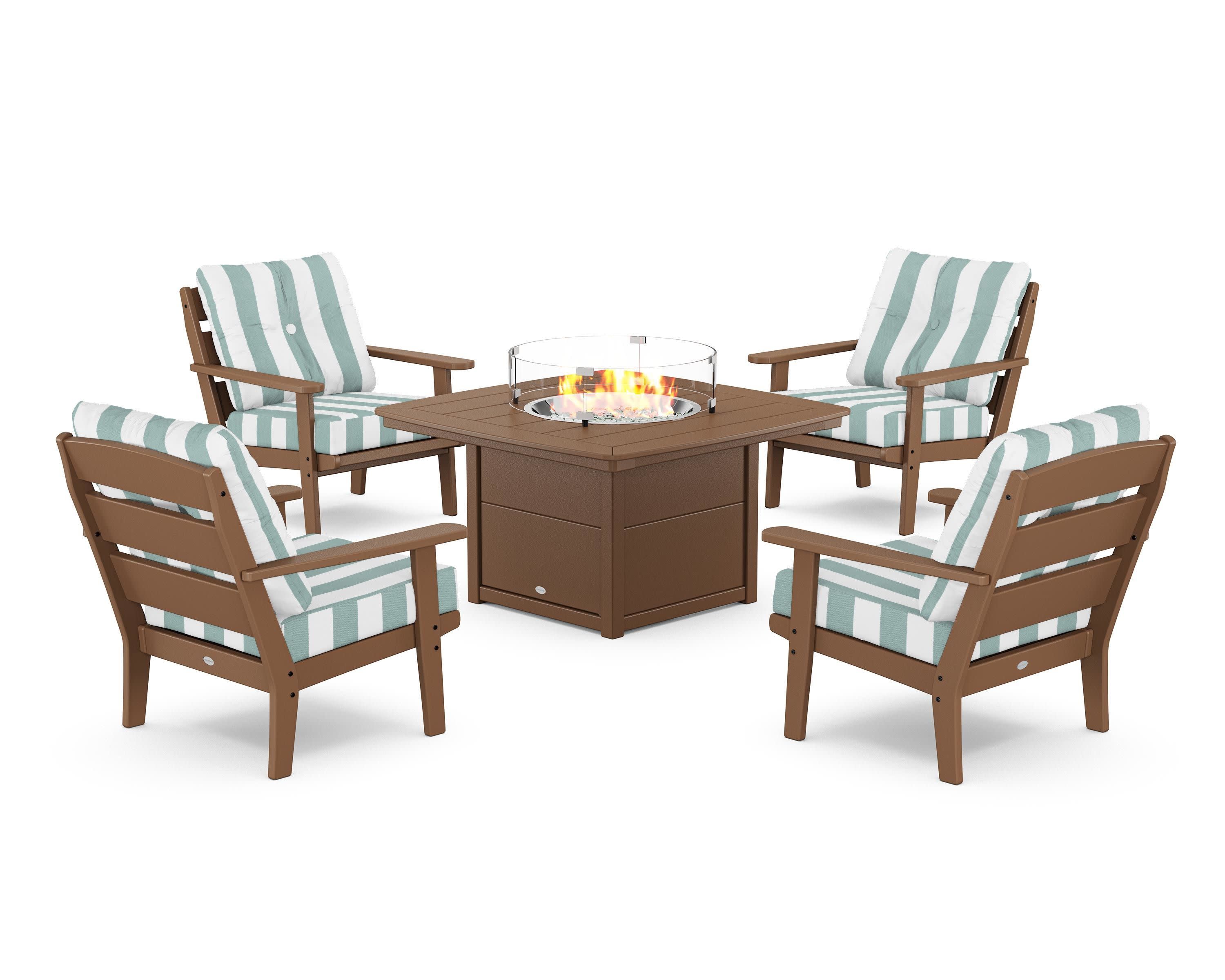 Lakeside 5-Piece Deep Seating Set with Nautical Fire Pit Table in Teak / Cabana Stripe Glacier Spa