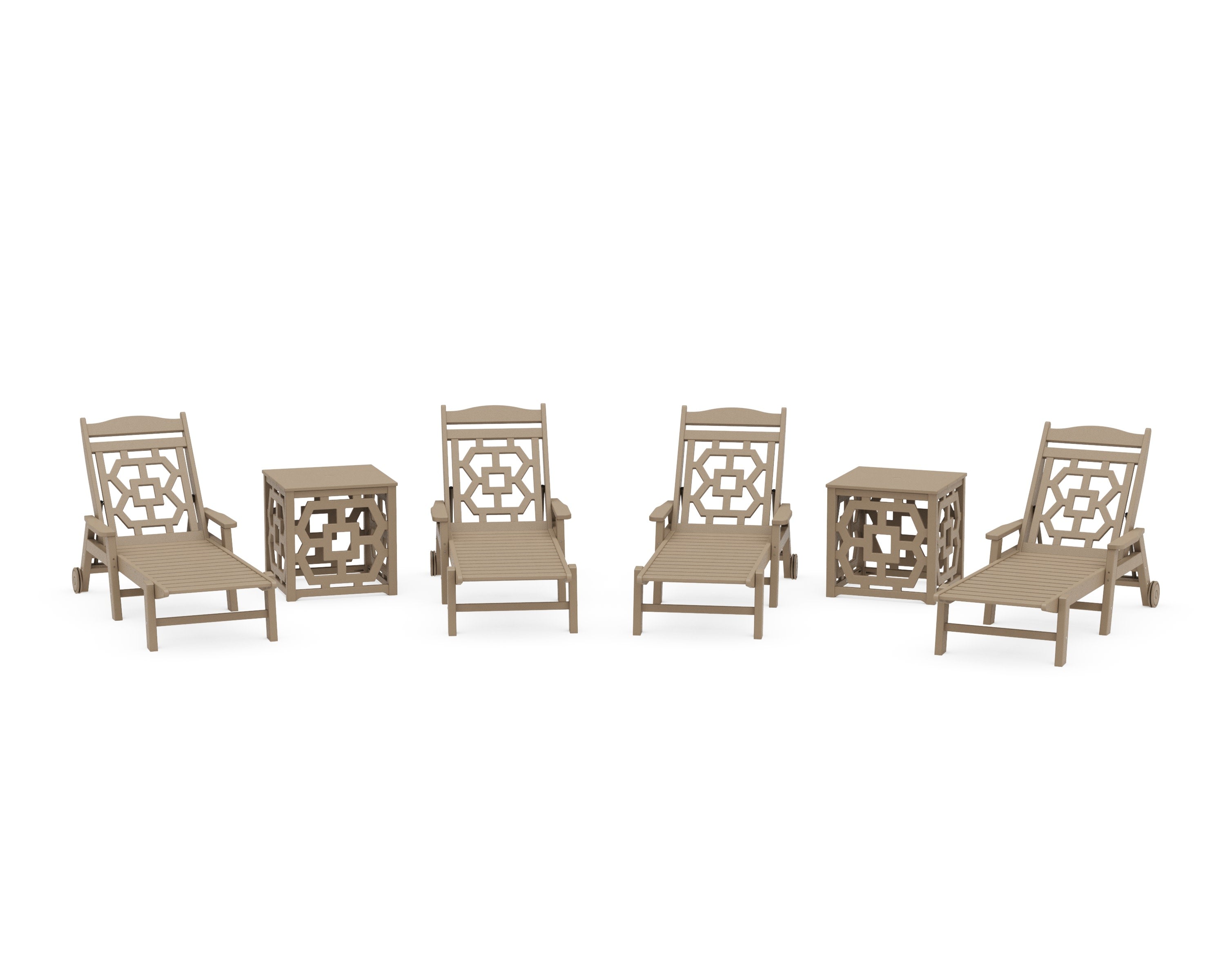 Chinoiserie 6-Piece Chaise Set with Umbrella Stand Accent Table in Vintage Sahara