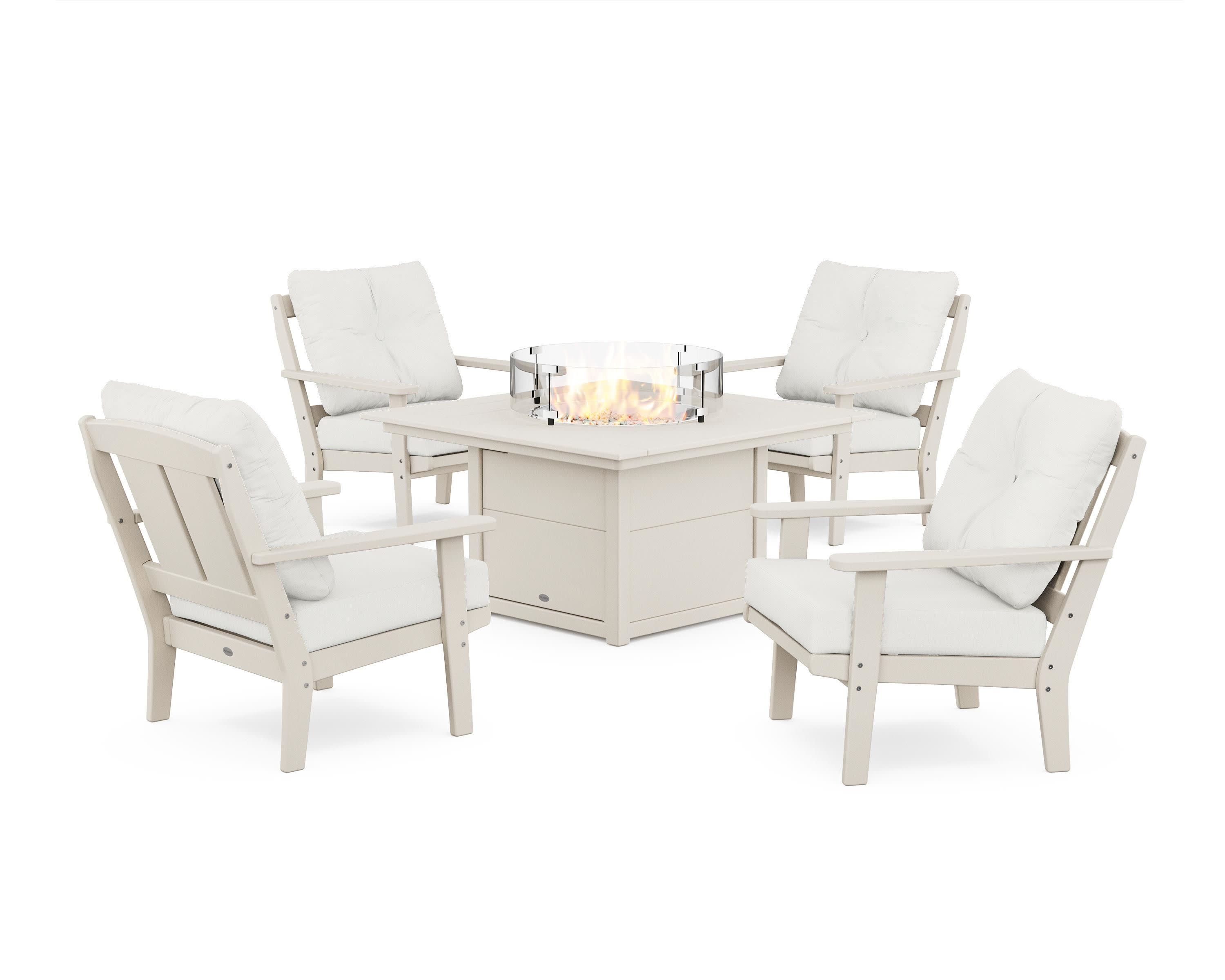 Mission 5-Piece Deep Seating Set with Fire Pit Table in Sand / Natural Linen