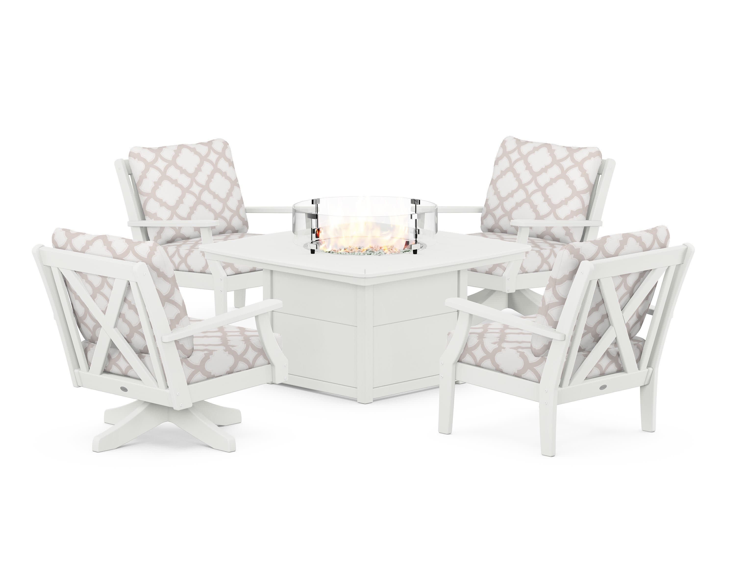 Braxton 5-Piece Deep Seating Set with Fire Table in Vintage White / Trellis Dune Burlap