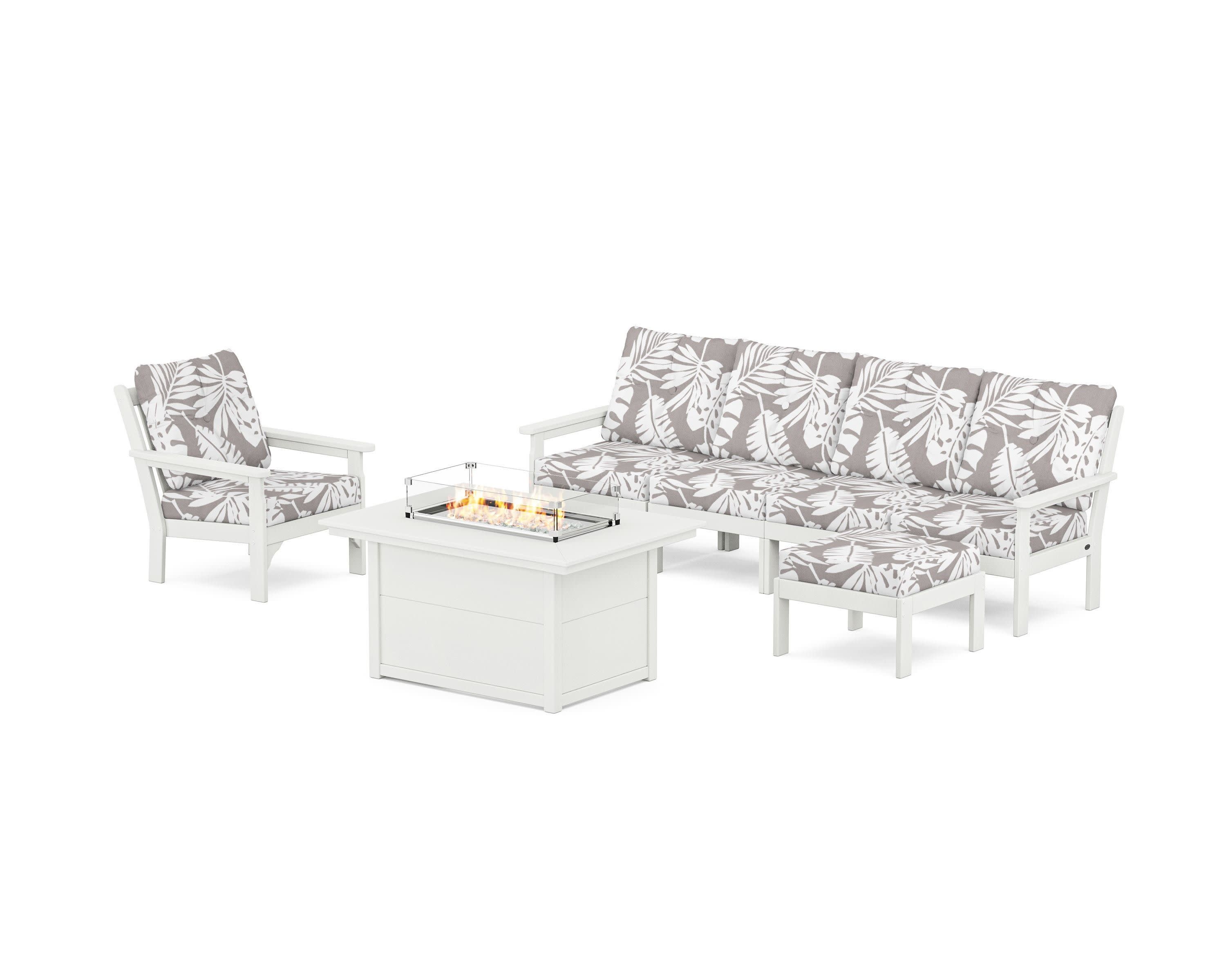 Vineyard Sectional Lounge and Fire Pit Set in Vintage White / Leaf Grey Mist