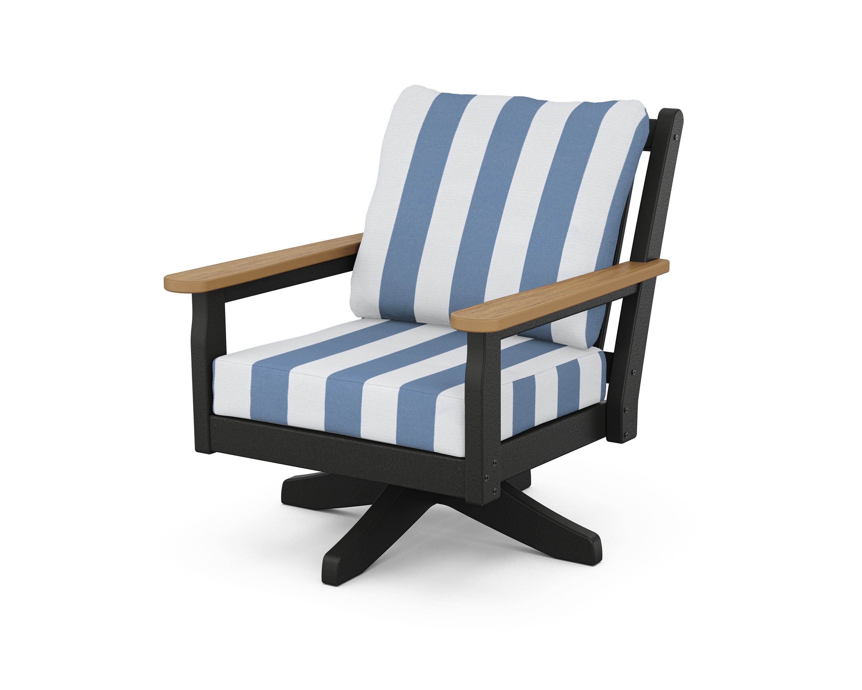 Chippendale Deep Seating Swivel Chair in Black / Natural / Cabana Stripe Sky Blue