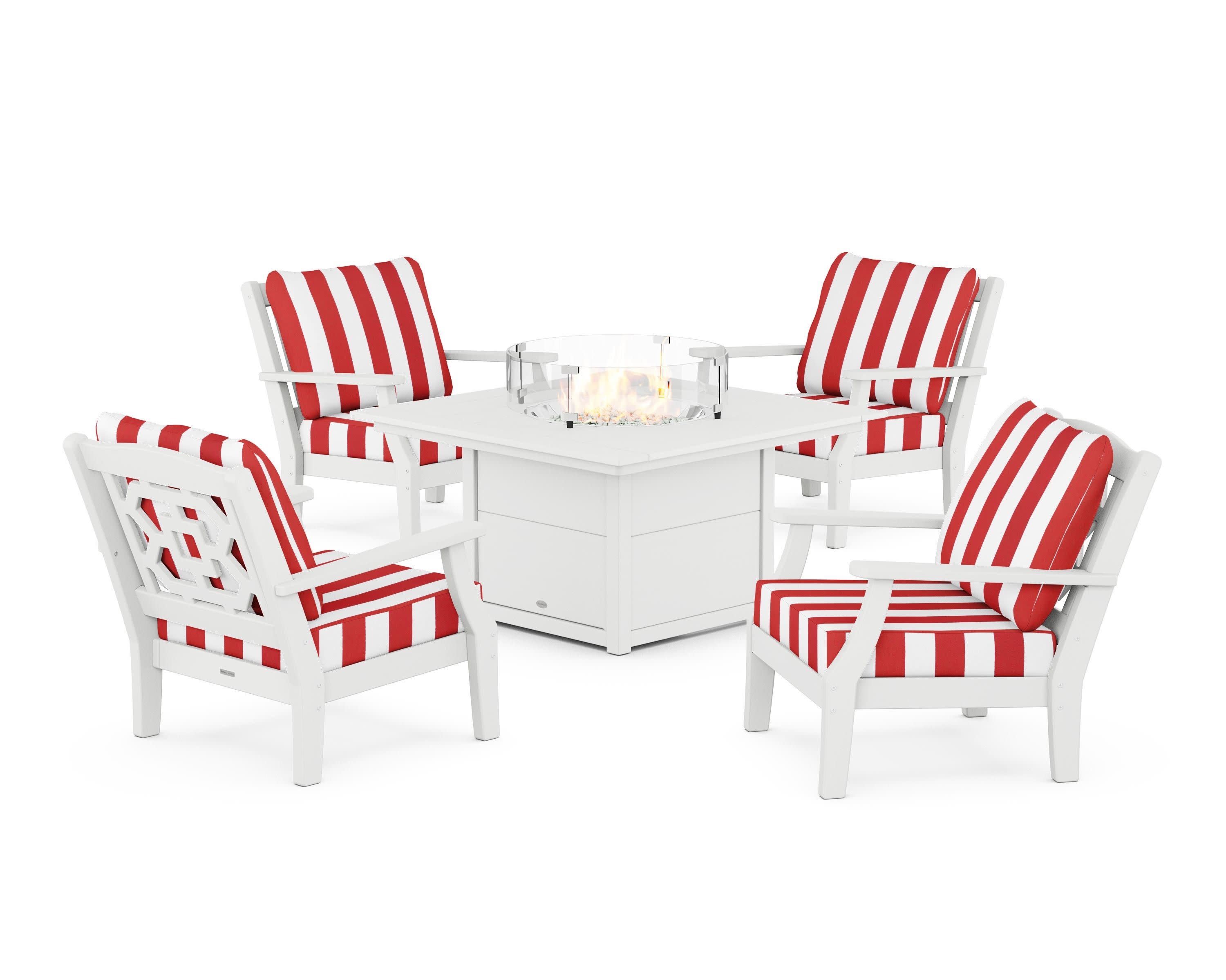Chinoiserie 5-Piece Deep Seating Set with Fire Pit Table in White / Cabana Stripe Crimson