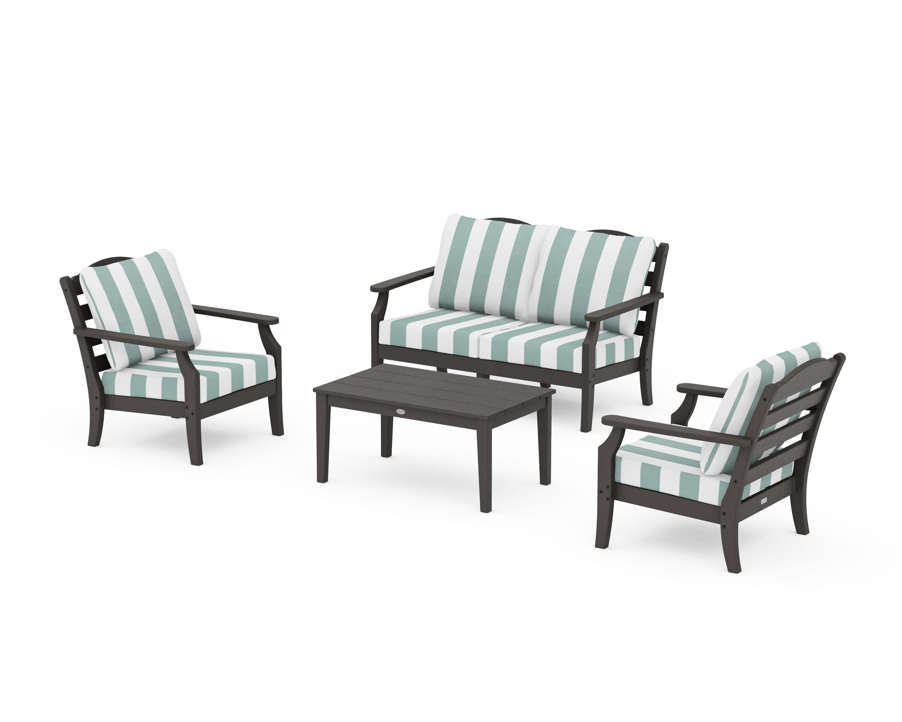 Savannah 4-Piece Deep Seating Set with Loveseat in Vintage Coffee / Cabana Stripe Glacier Spa