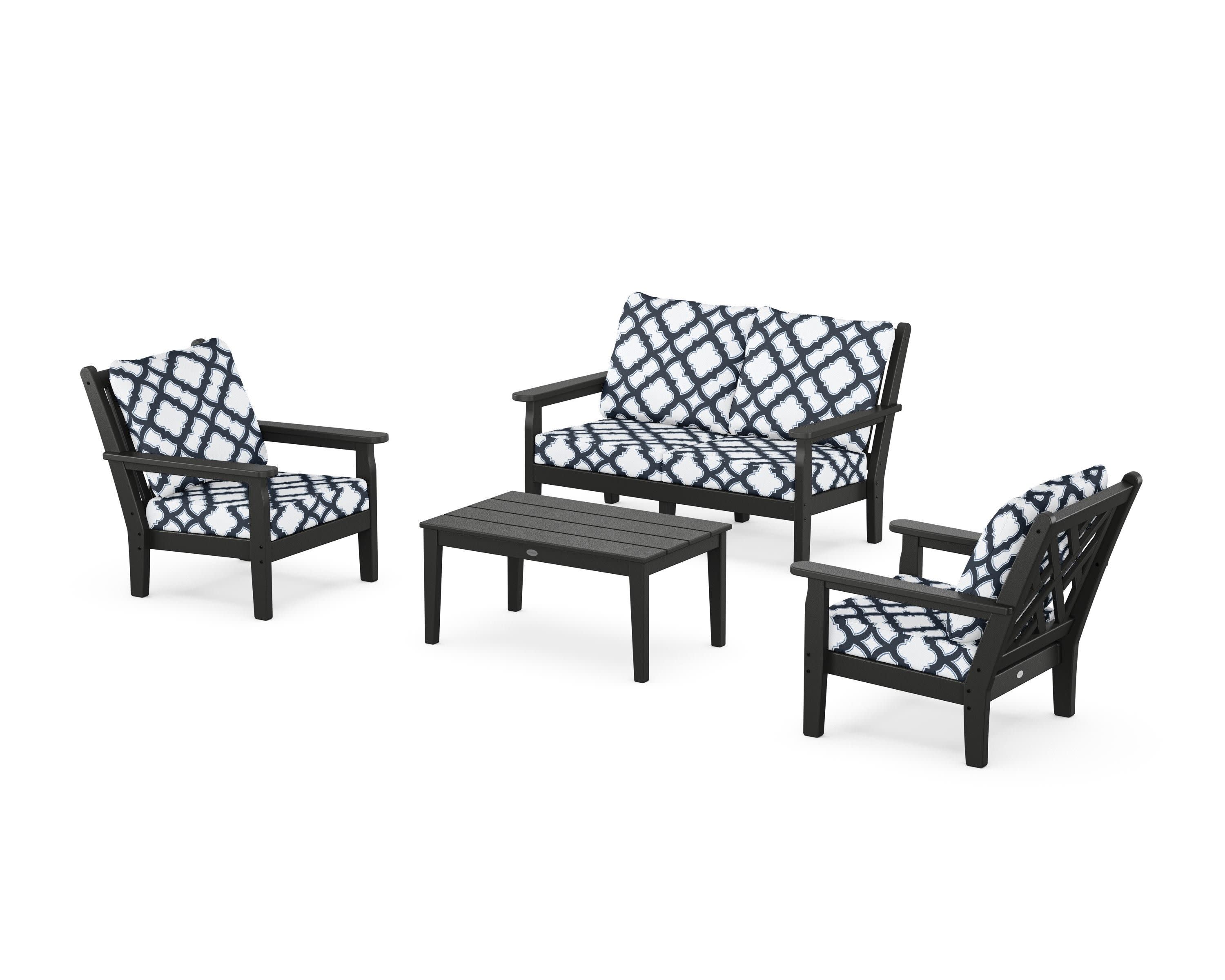 Chippendale 4-Piece Deep Seating Set with Loveseat in Black / Trellis Marine Indigo