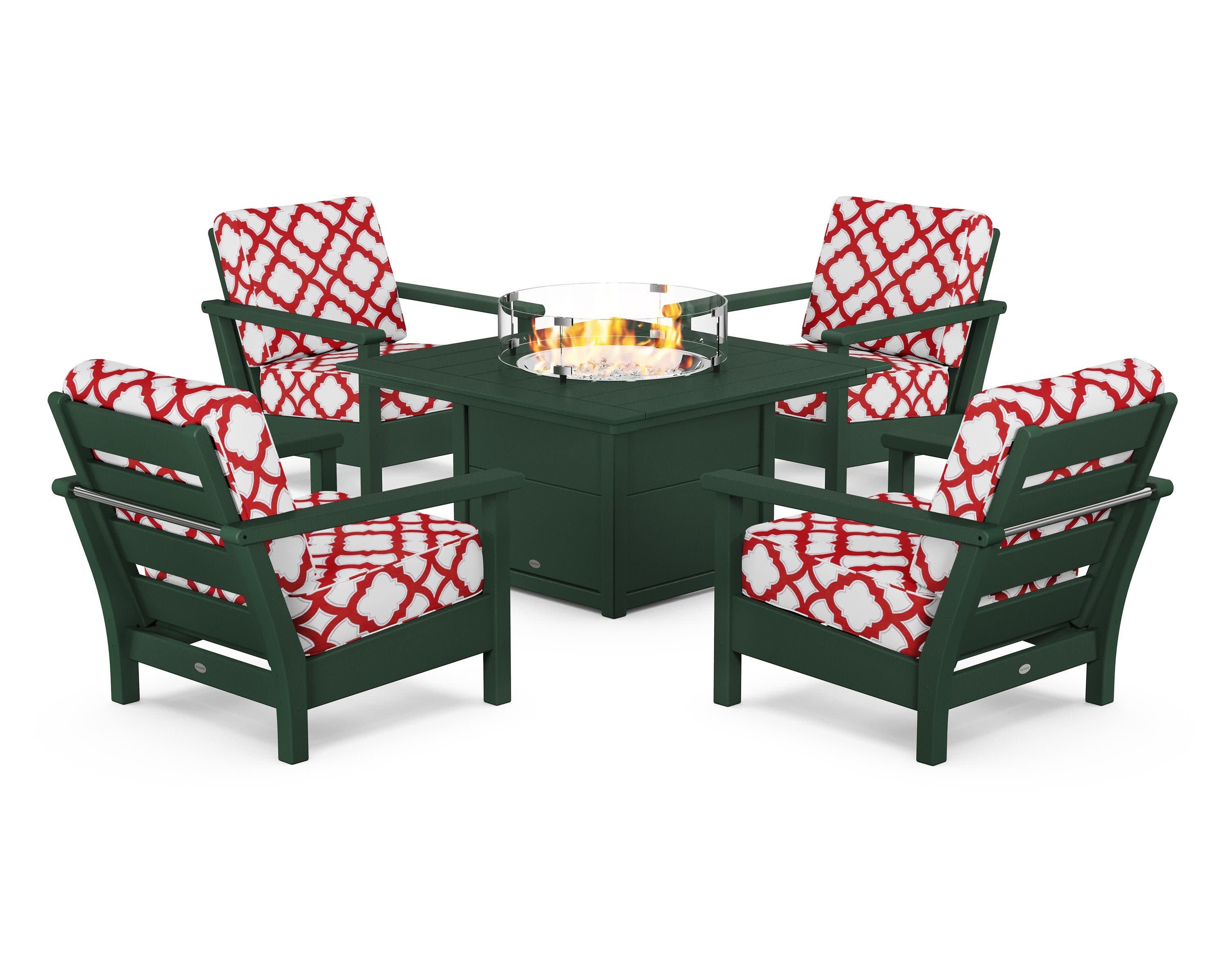 Harbour 5-Piece Conversation Set with Fire Pit Table in Green / Trellis Crimson