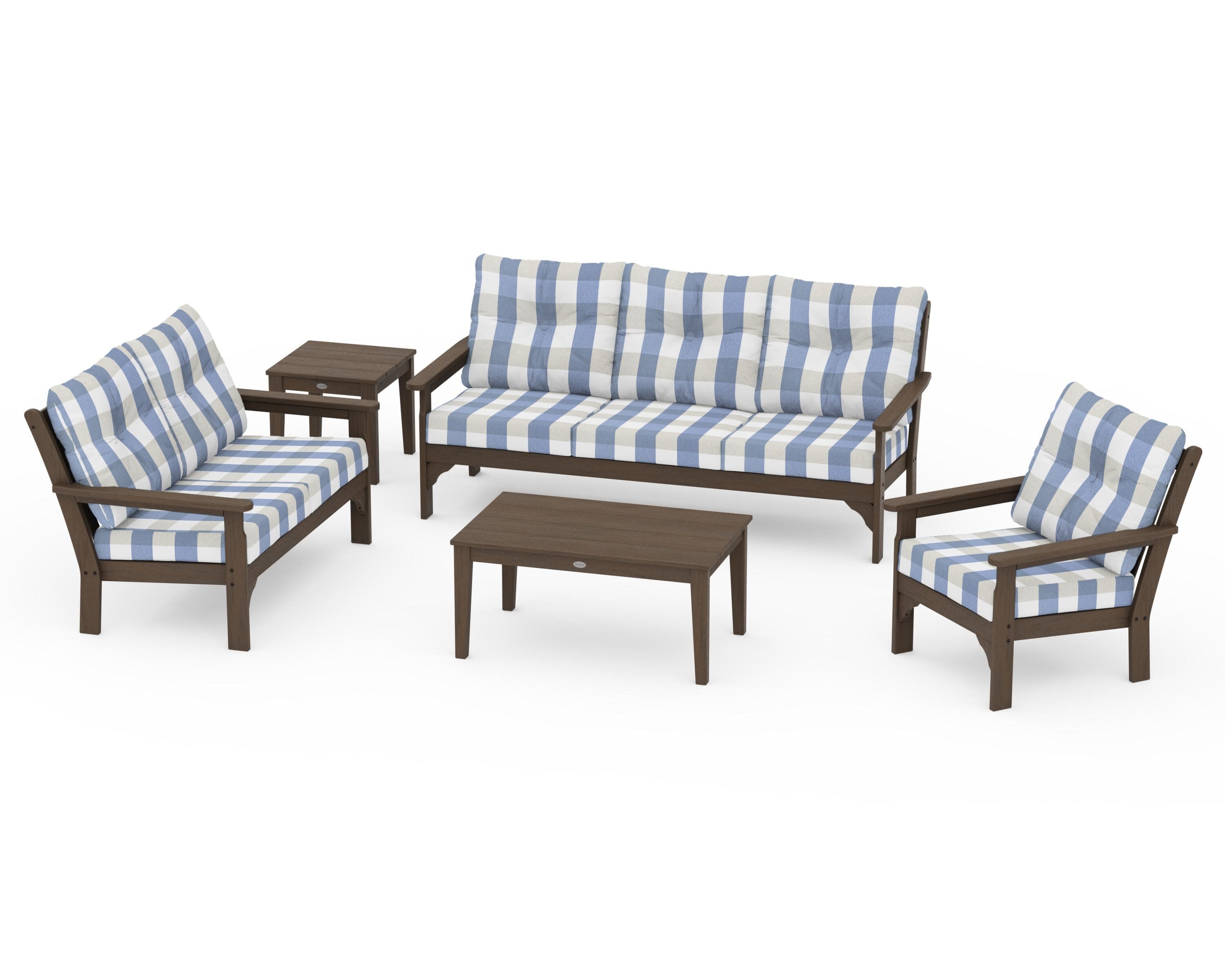 Vineyard 5 Piece Deep Seating Set in Kona / Buffalo Plaid Sky Blue