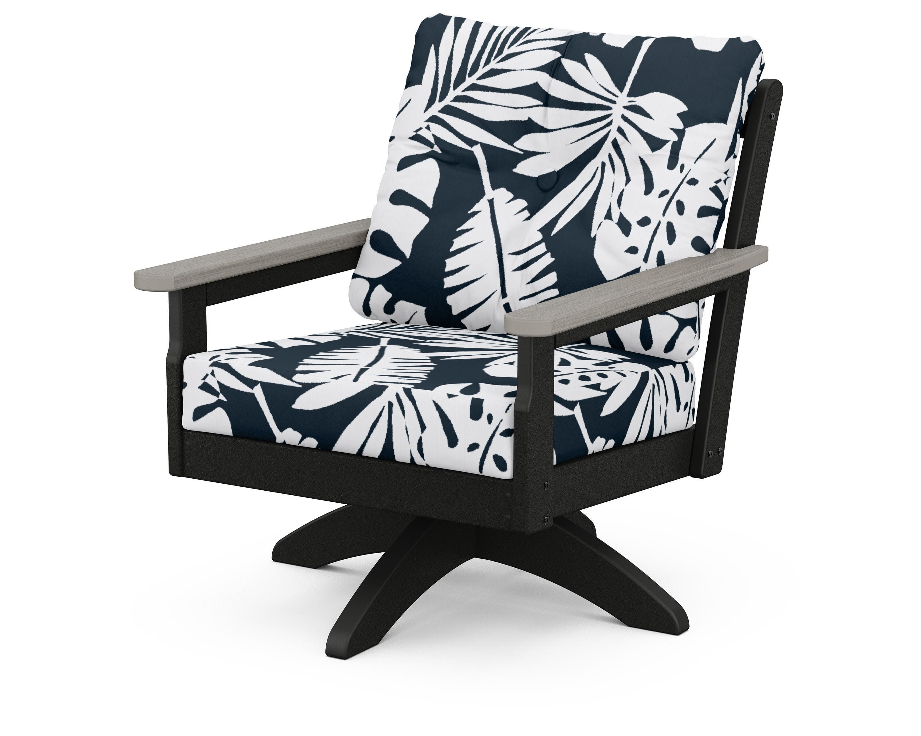 Vineyard Deep Seating Swivel Chair in Black / Driftwood / Leaf Marine Indigo