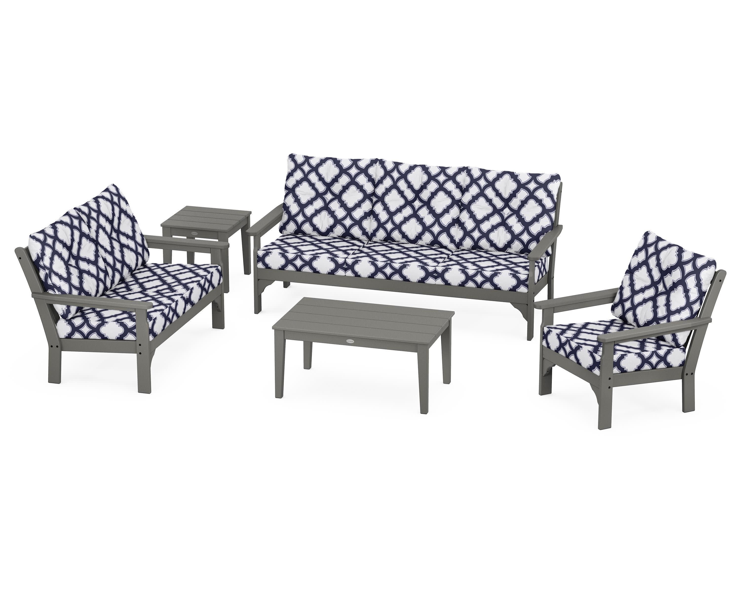 Vineyard 5 Piece Deep Seating Set in Slate Grey / Trellis Navy