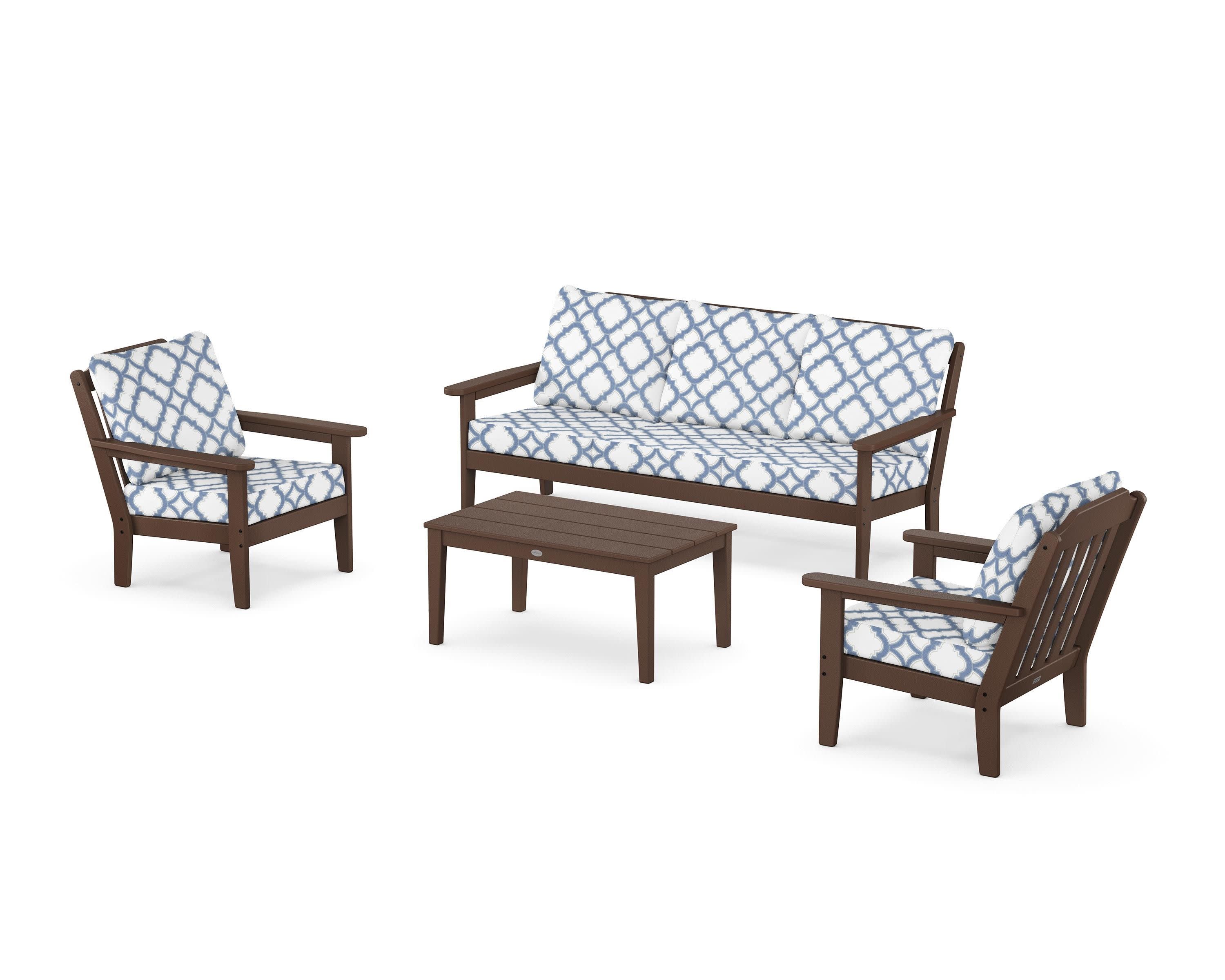Cottage 4-Piece Deep Seating Set with Sofa in Mahogany / Trellis Sky Blue