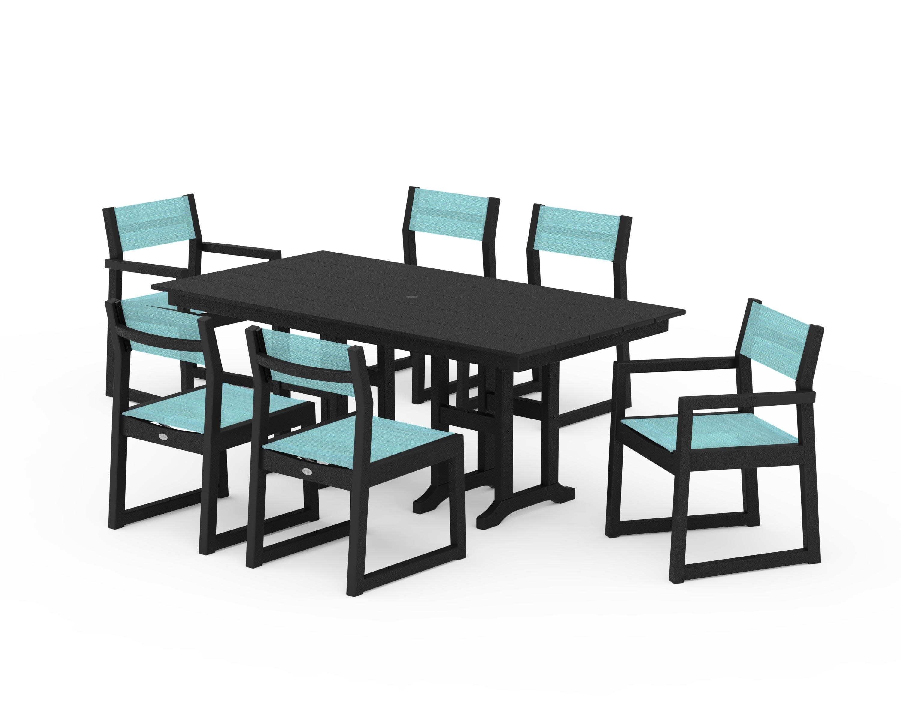 EDGE Sling 7-Piece Farmhouse Dining Set in Black / Dupioni Aquamarine Sling