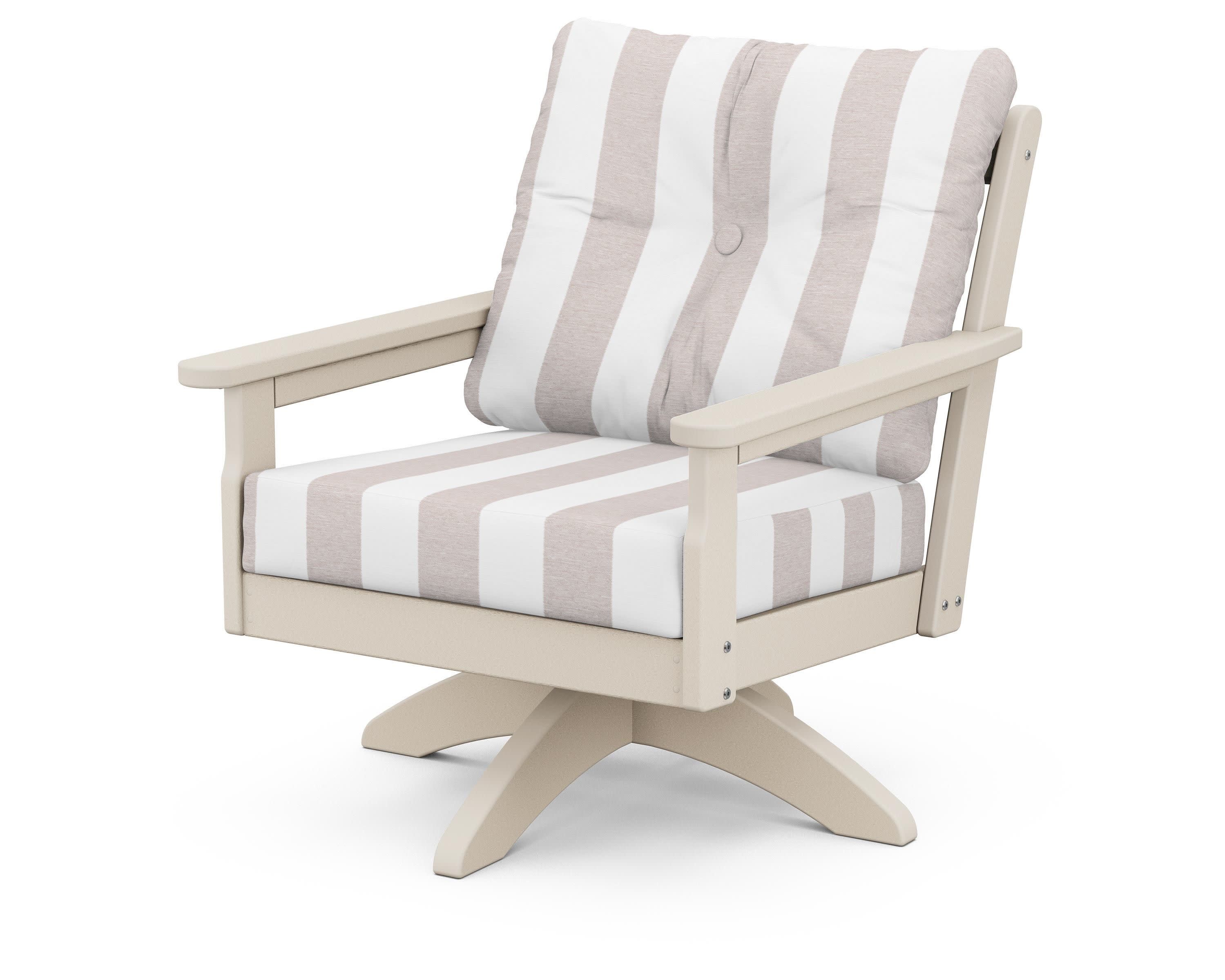 Vineyard Deep Seating Swivel Chair in Sand / Cabana Stripe Dune Burlap