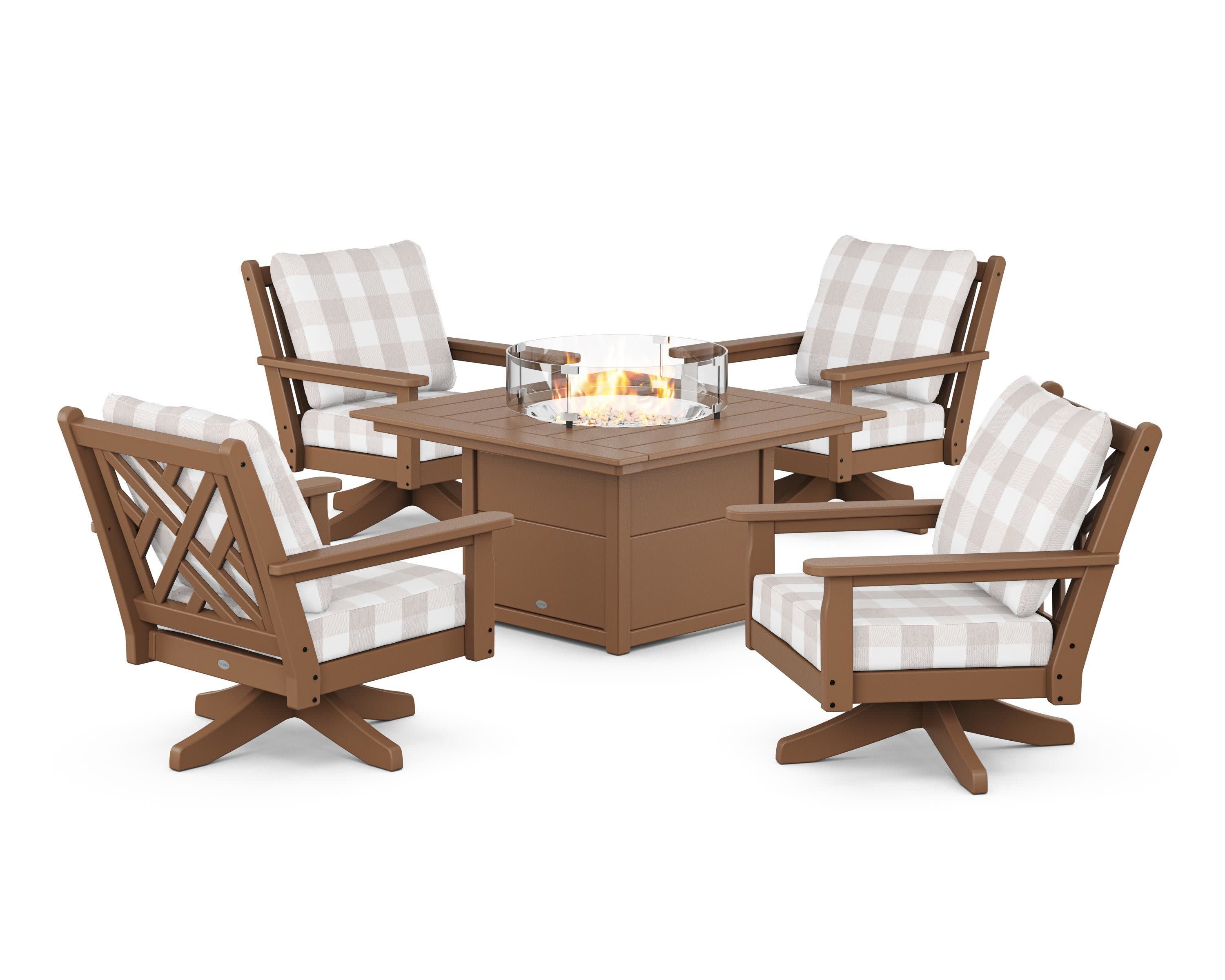 Chippendale 5-Piece Deep Seating Swivel Conversation Set with Fire Pit Table in Teak / Buffalo Plaid Dune Burlap