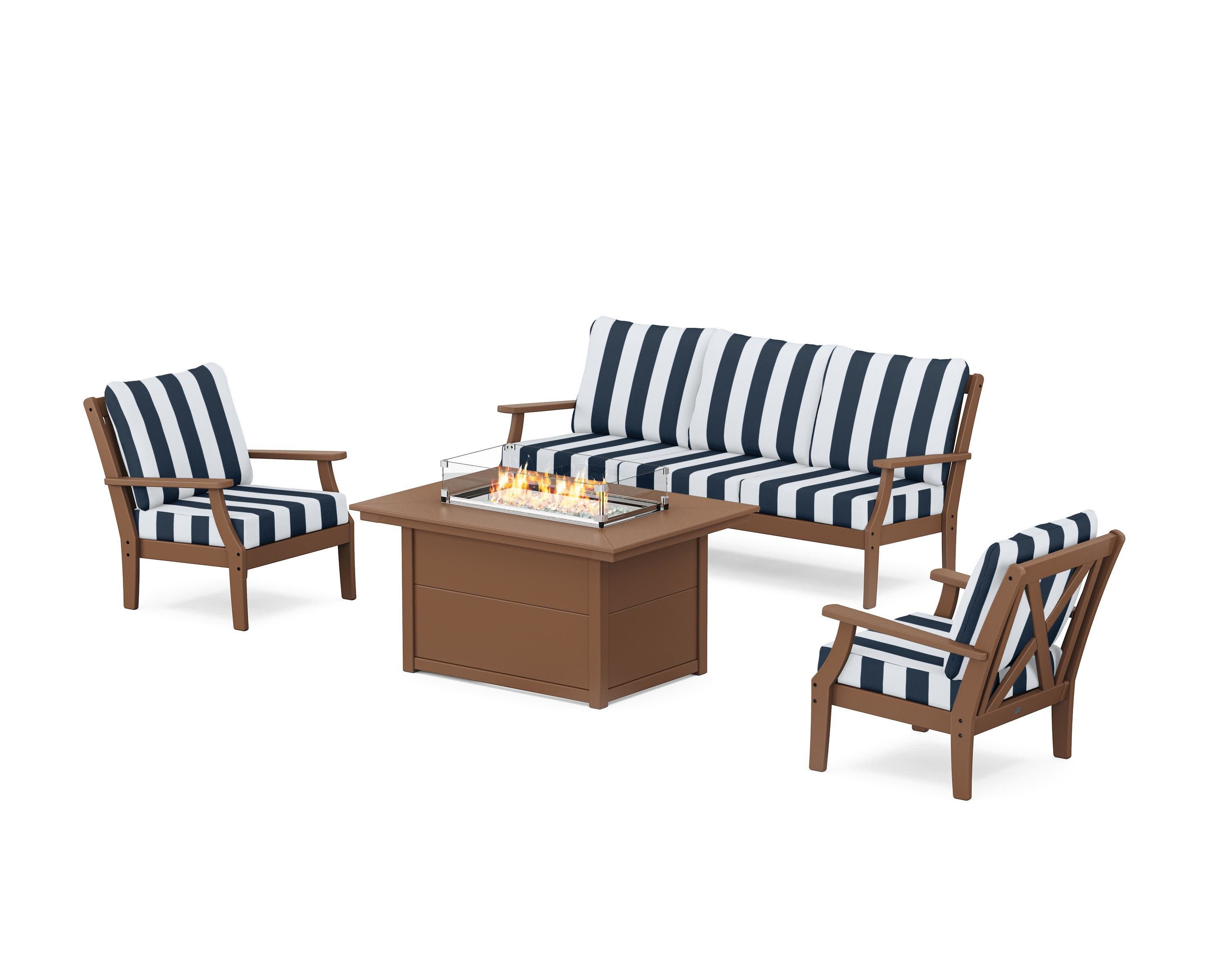 Braxton Deep Seating Fire Pit Table Set in Teak / Cabana Stripe Marine Indigo
