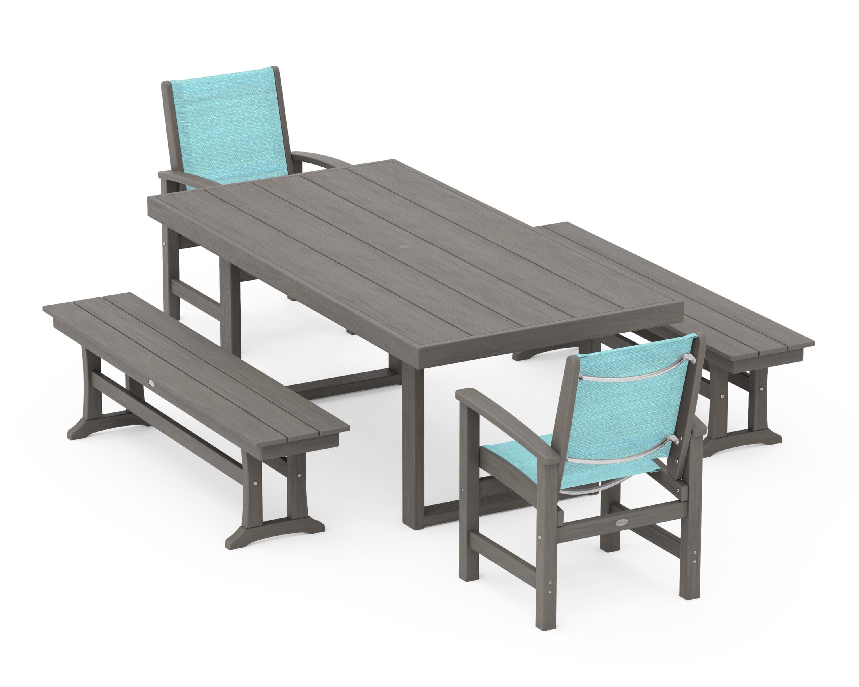 Coastal 5-Piece Dining Set with Trestle Legs in Driftwood / Dupioni Aquamarine Sling