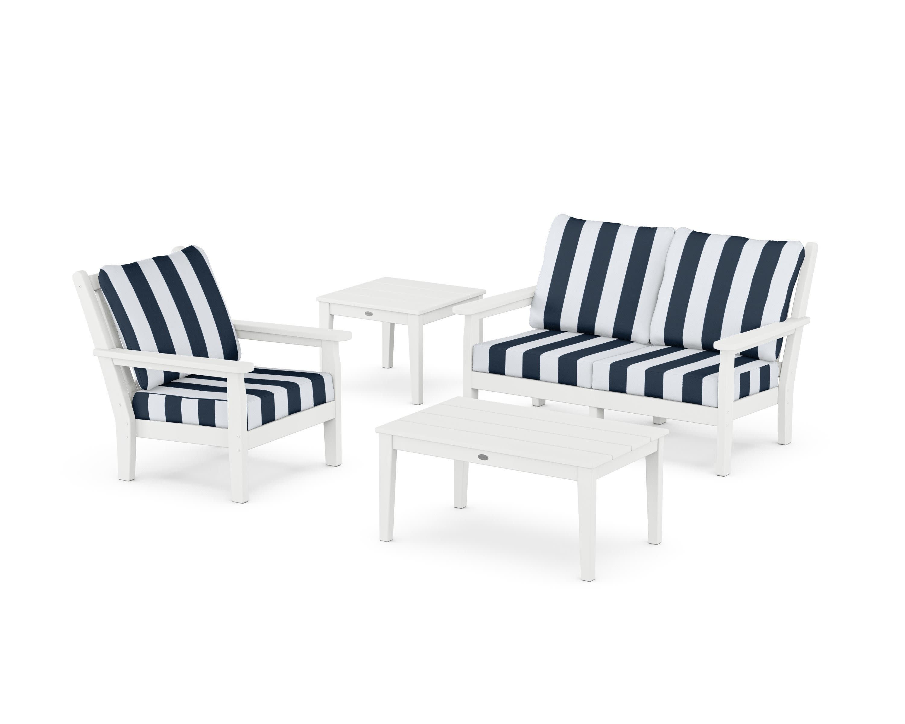 Chippendale 4-Piece Deep Seating Set in White / Cabana Stripe Marine Indigo
