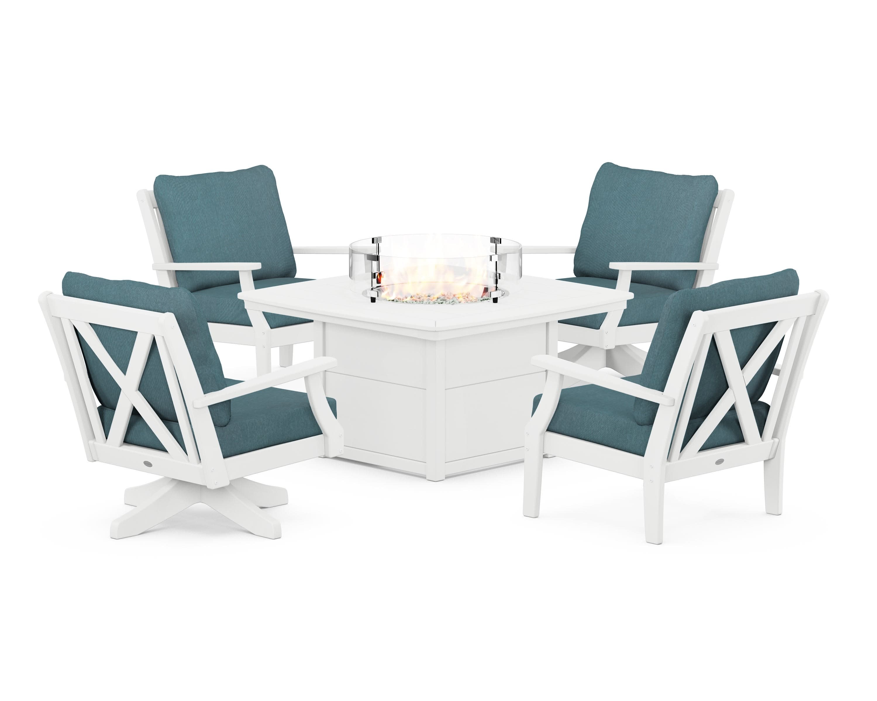 Braxton 5-Piece Deep Seating Set with Fire Table in White / Ocean Teal