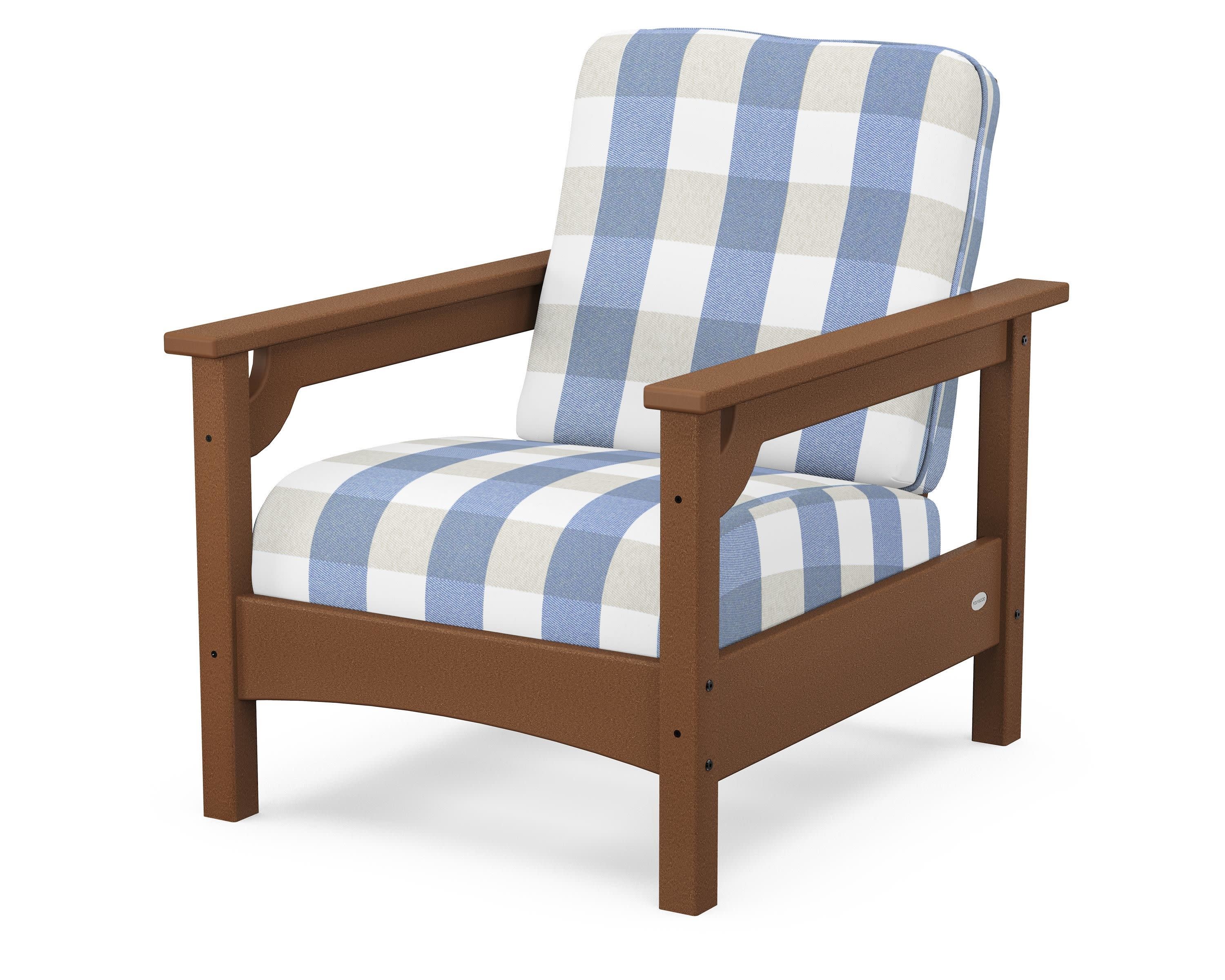 Club Chair in Teak / Buffalo Plaid Sky Blue