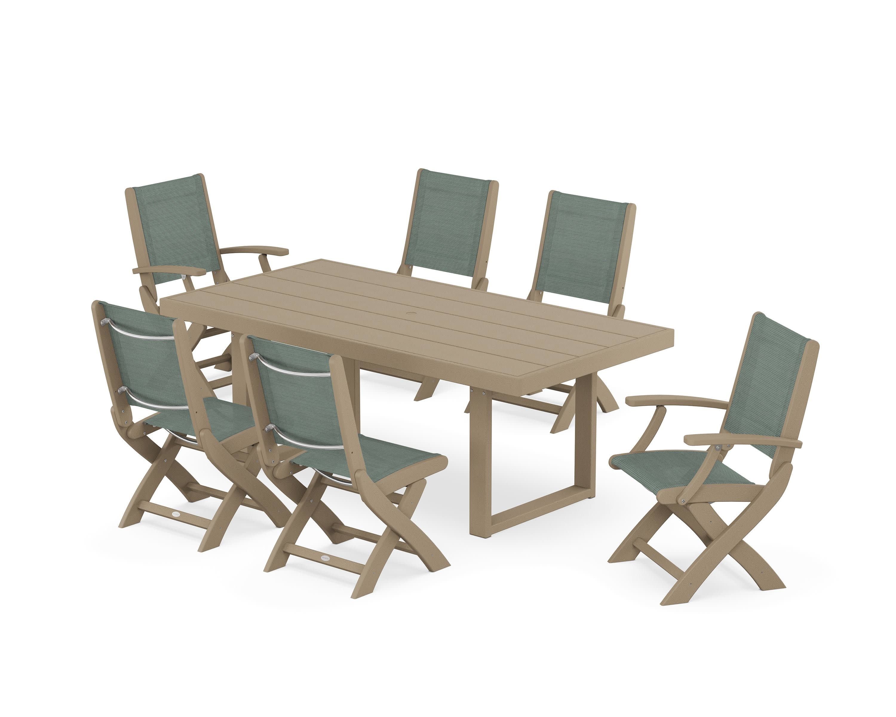 Coastal Folding Chair 7-Piece Dining Set with Trestle Legs in Vintage Sahara / Dupioni Sea Mist Sling