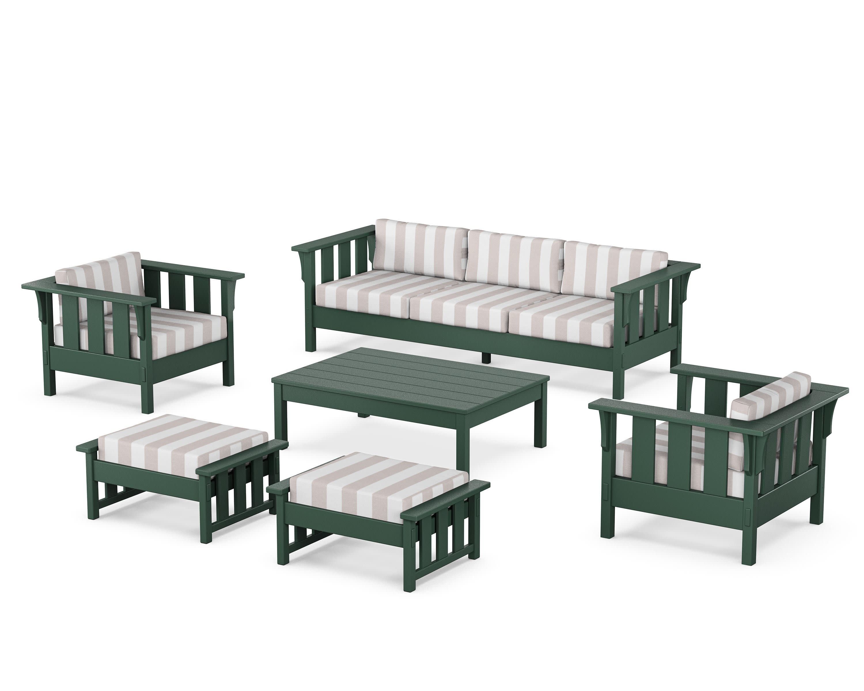 Acadia 6-Piece Lounge Sofa Set in Green / Cabana Stripe Dune Burlap