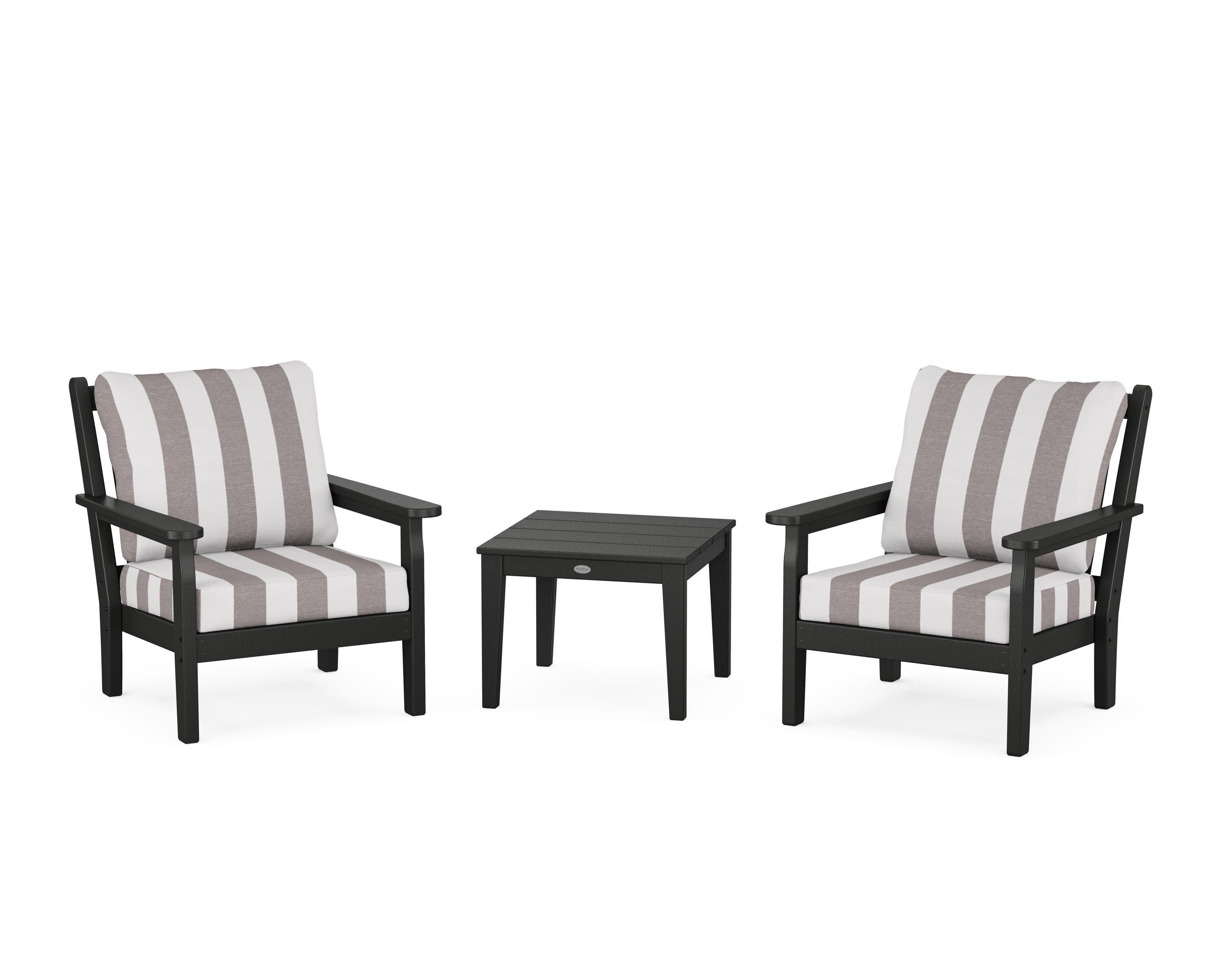 Chippendale 3-Piece Deep Seating Set in Black / Cabana Stripe Grey Mist