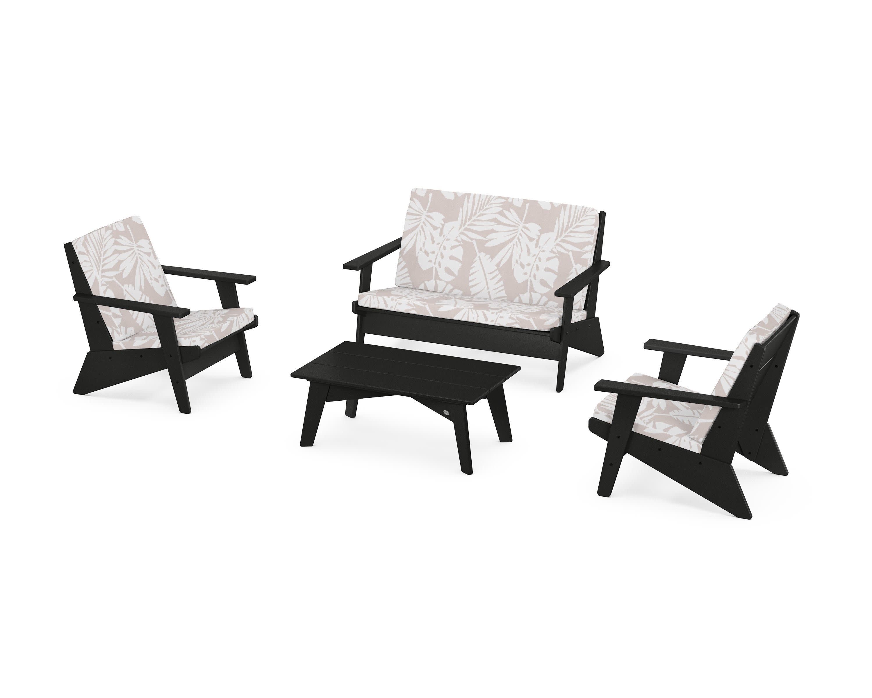 Riviera Modern Lounge 4-Piece Set in Black / Leaf Dune Burlap