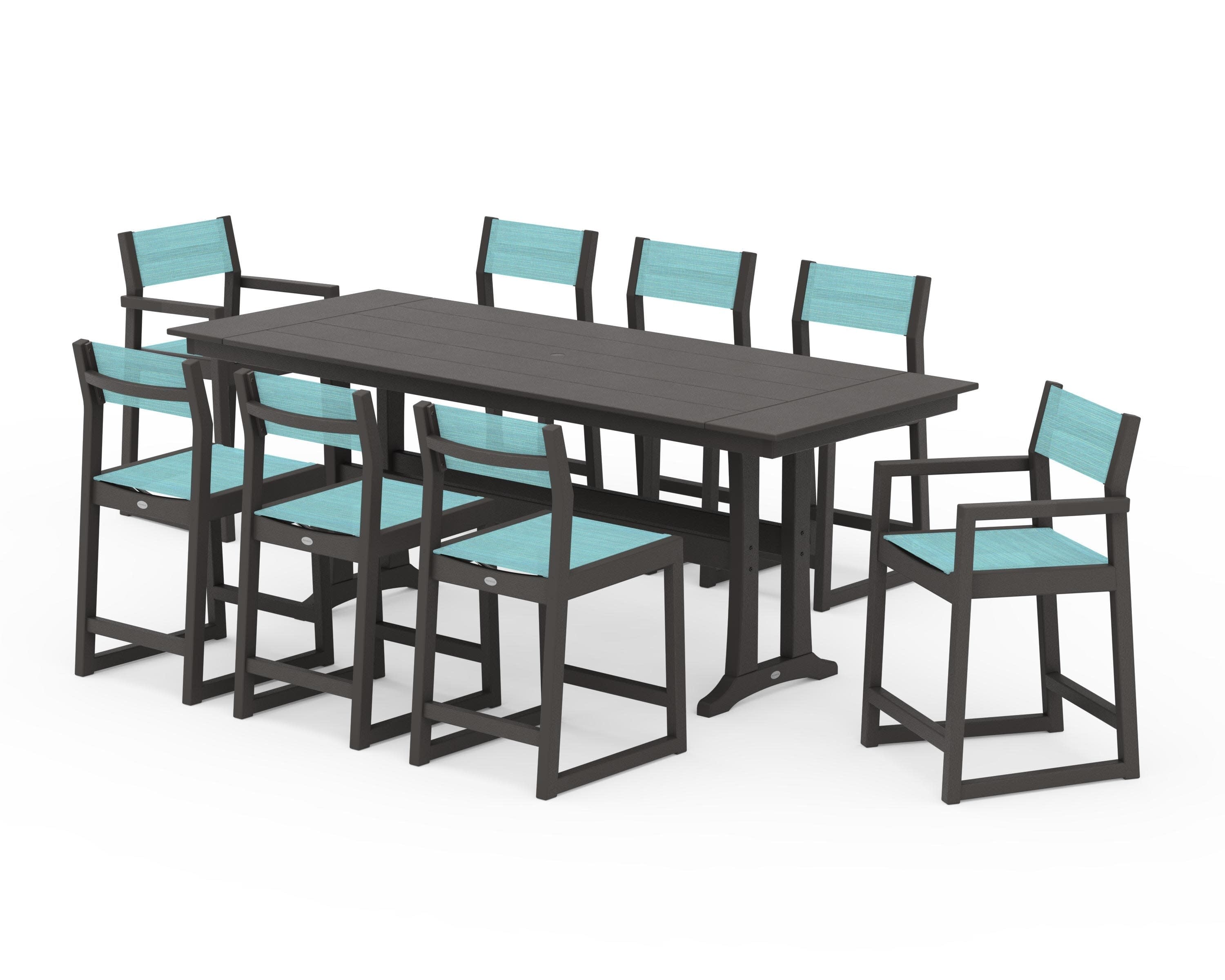 EDGE Sling 9-Piece Farmhouse Counter Set with Trestle Legs in Vintage Coffee / Dupioni Aquamarine Sling