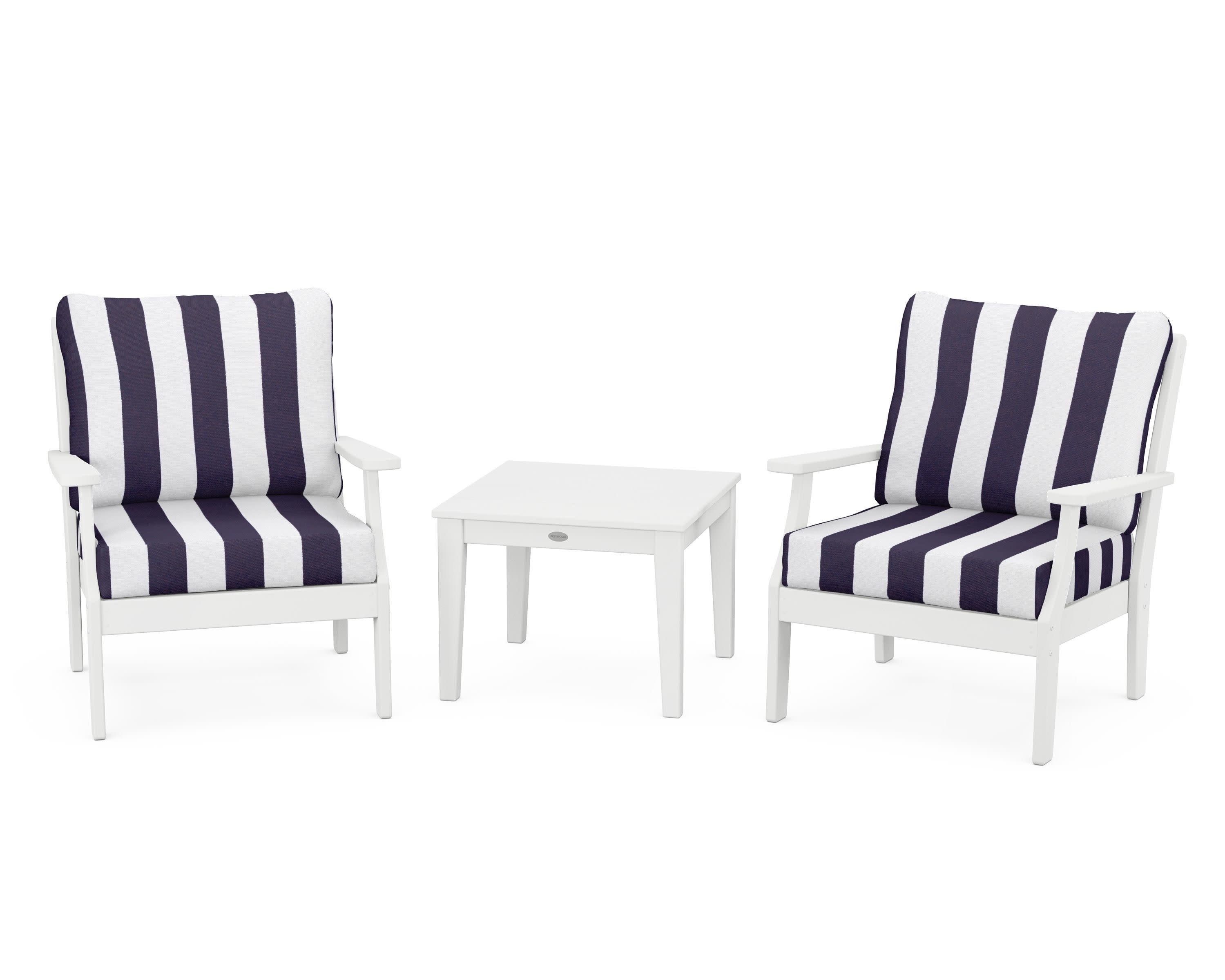 Braxton 3-Piece Deep Seating Set in White / Cabana Stripe Navy