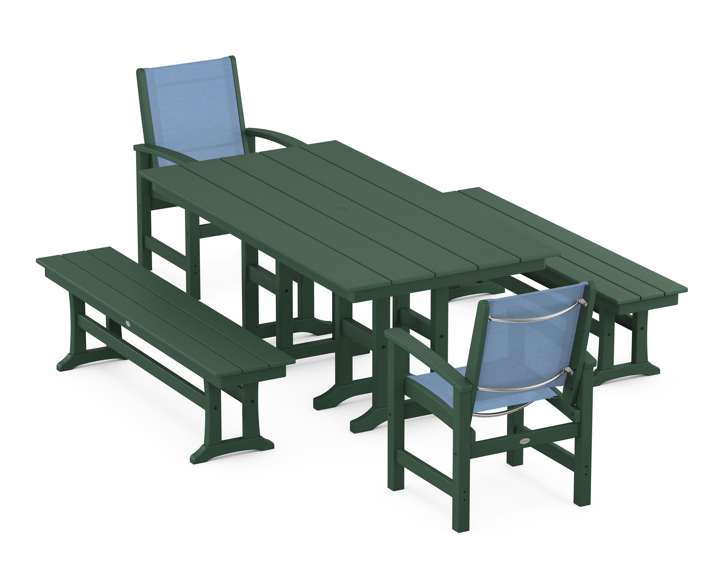 Coastal 5-Piece Farmhouse Dining Set in Green / Poolside Sling