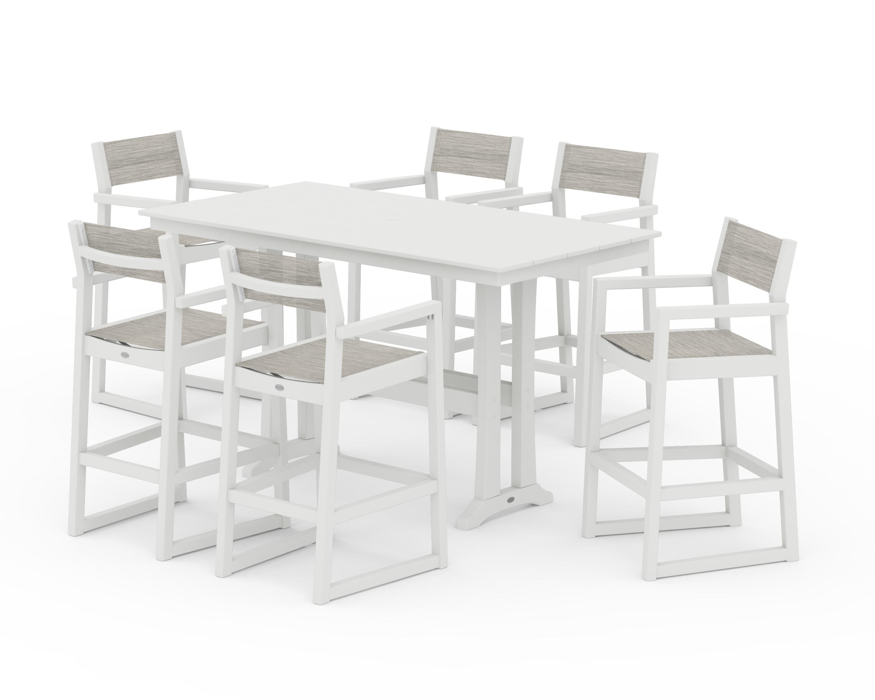 EDGE Sling Arm Chair 7-Piece Farmhouse Bar Set with Trestle Legs in Vintage White / Birch Sling
