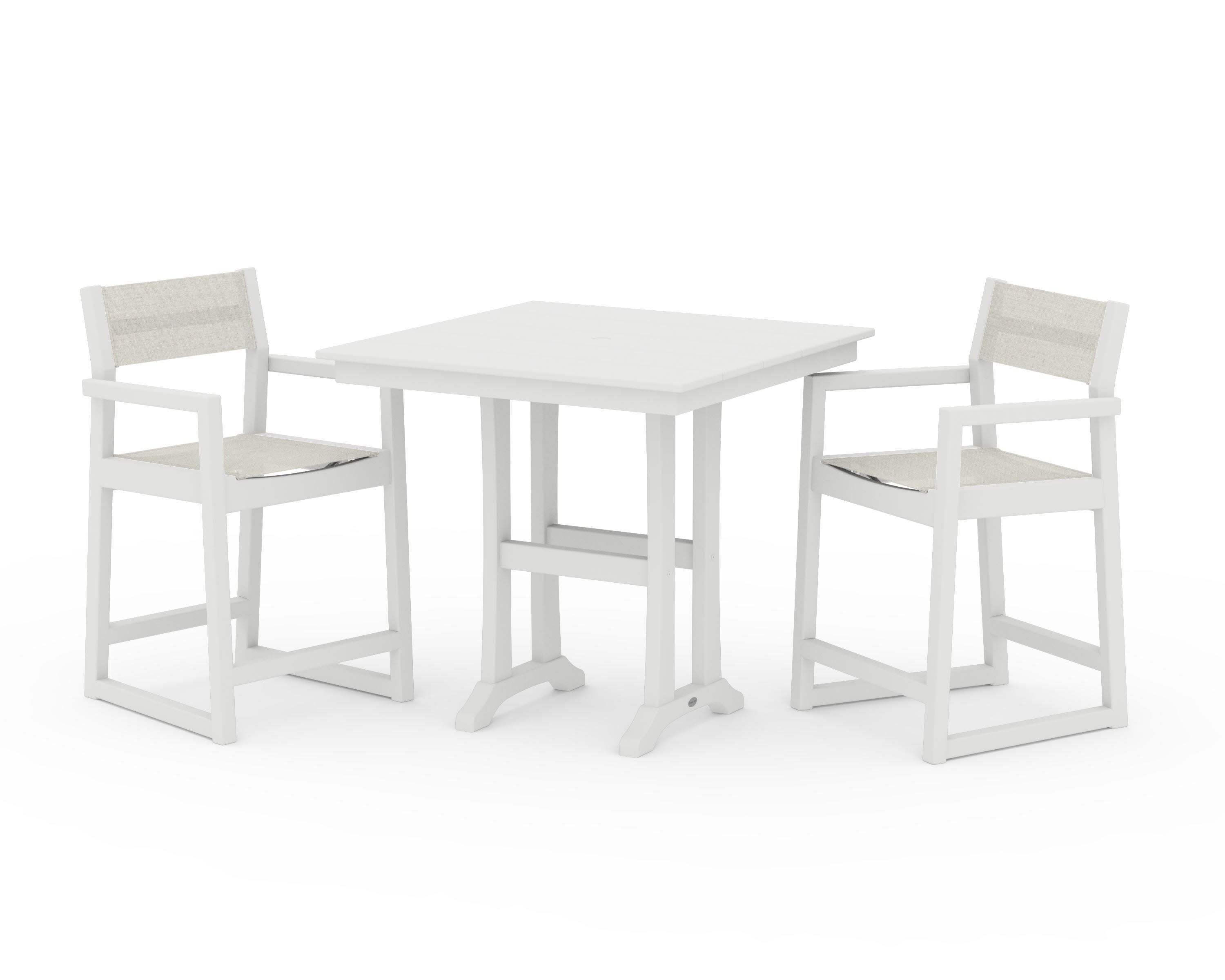 EDGE Sling Arm Chair 3-Piece Farmhouse Counter Set with Trestle Legs in Vintage White / Parchment Sling