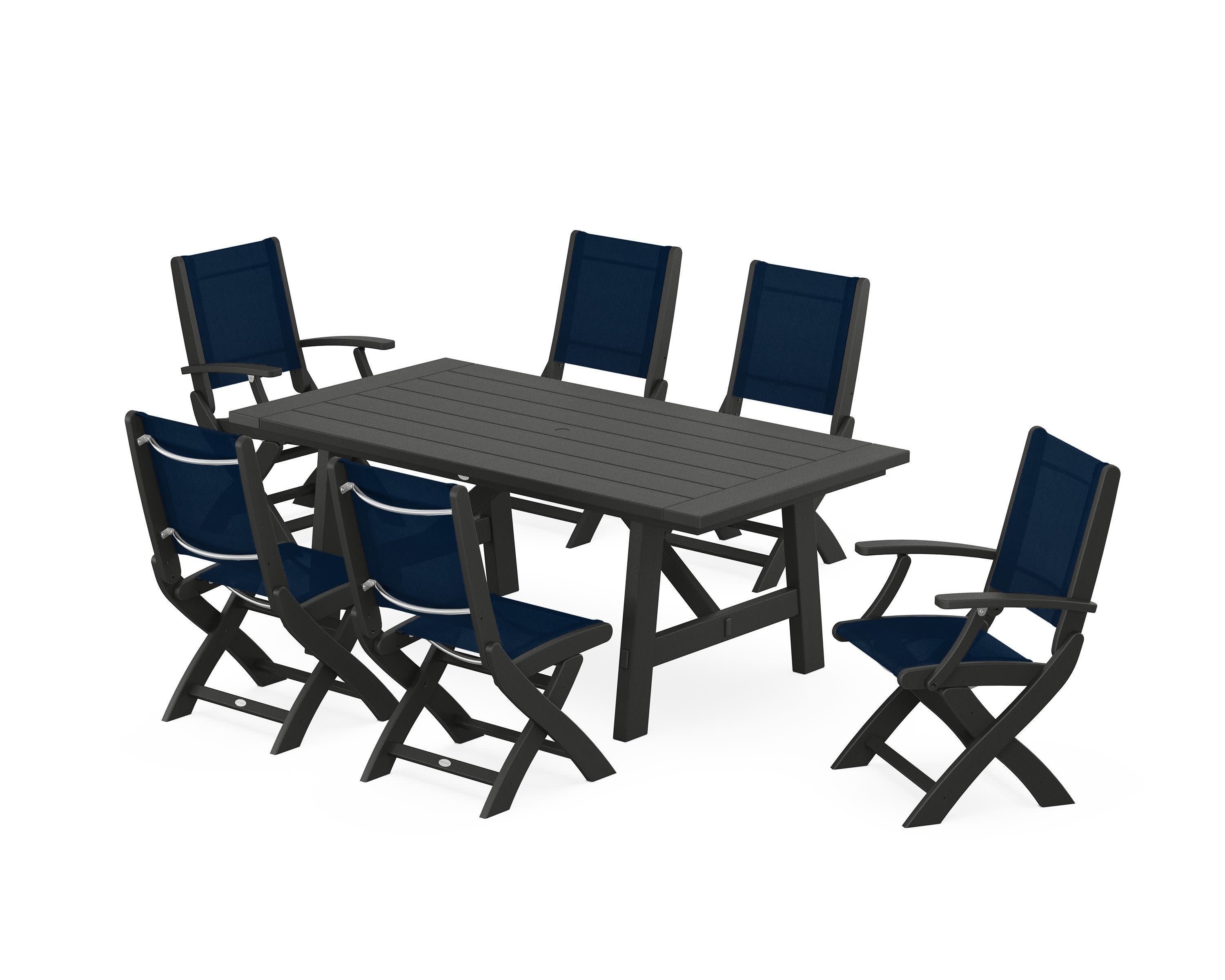 Coastal Folding Chair 7-Piece Rustic Farmhouse Dining Set in Black / Navy Blue Sling