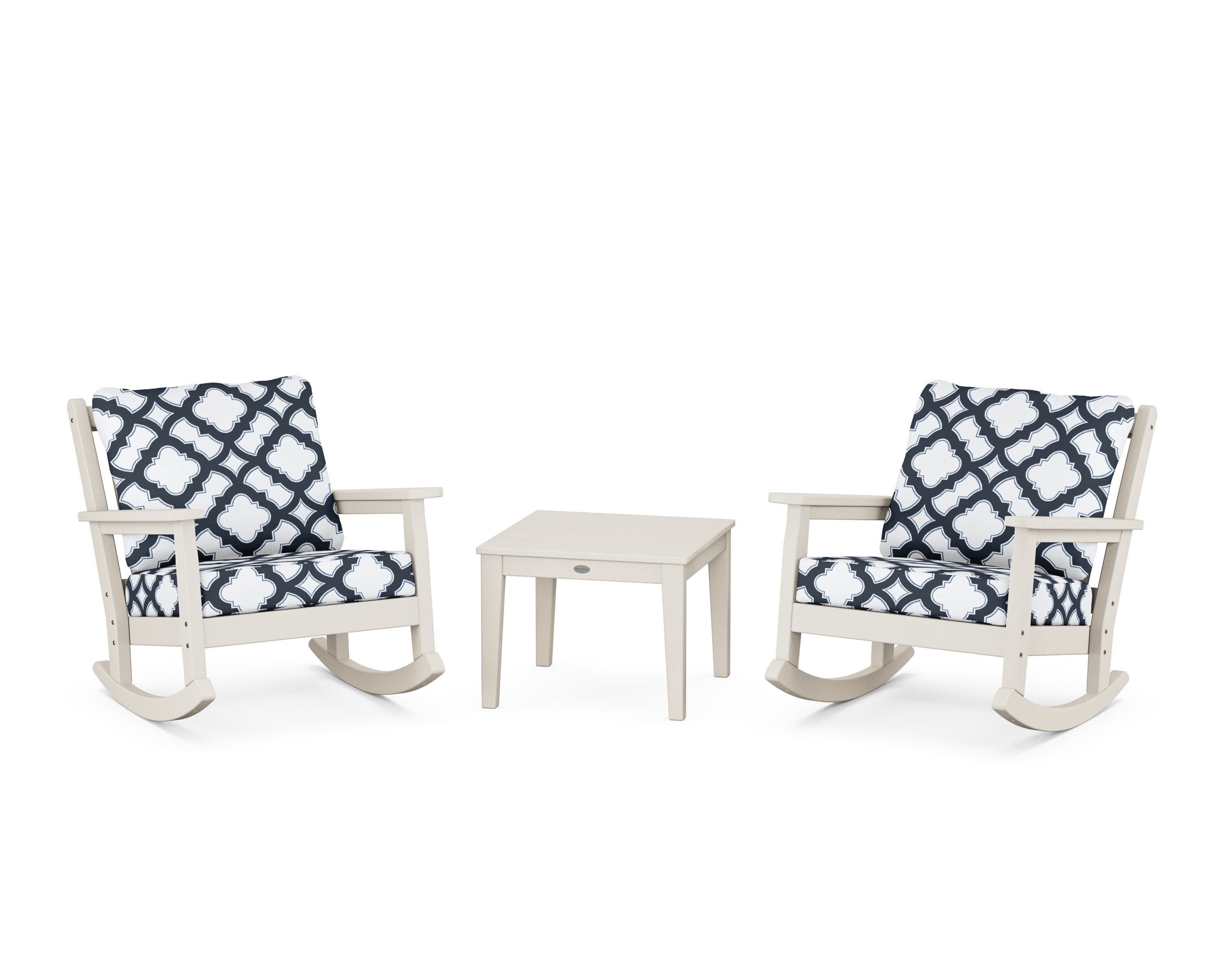 Chippendale 3-Piece Deep Seating Rocker Set in Sand / Trellis Marine Indigo