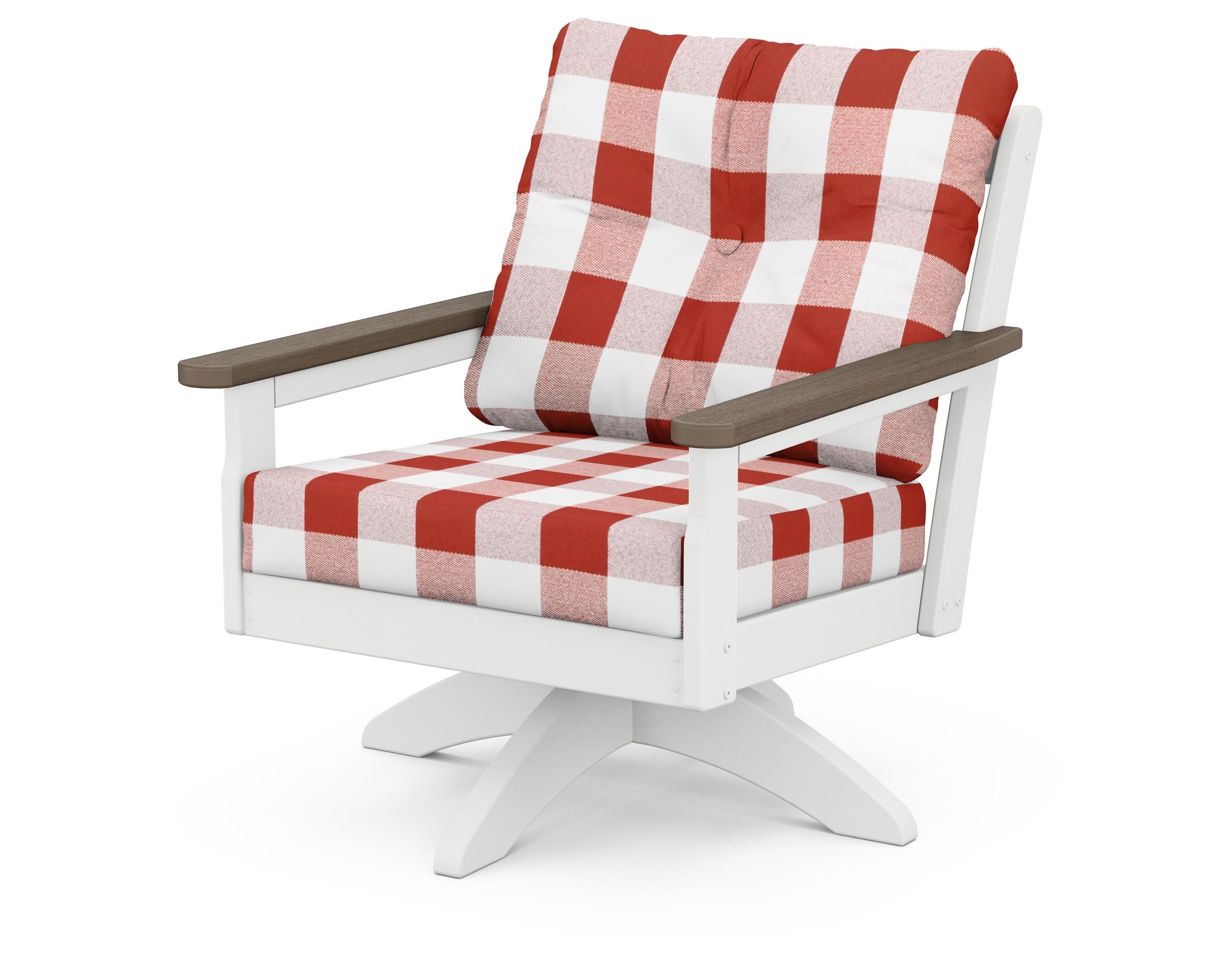 Vineyard Deep Seating Swivel Chair in White / Kona / Buffalo Plaid Crimson
