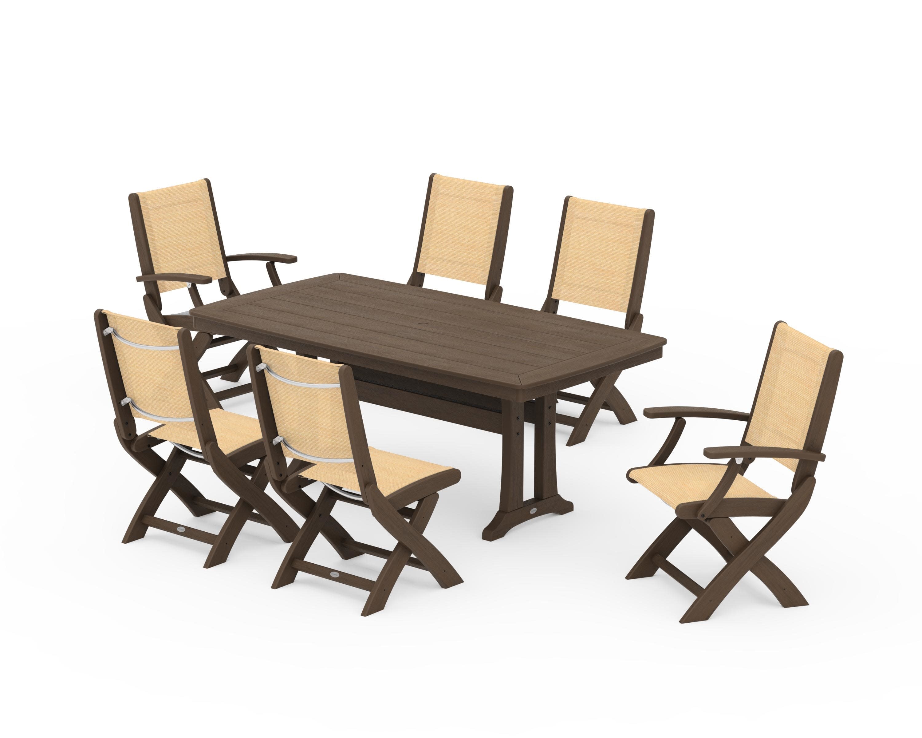 Coastal Folding Chair 7-Piece Dining Set with Trestle Legs in Kona / Dupioni Apricot Sling