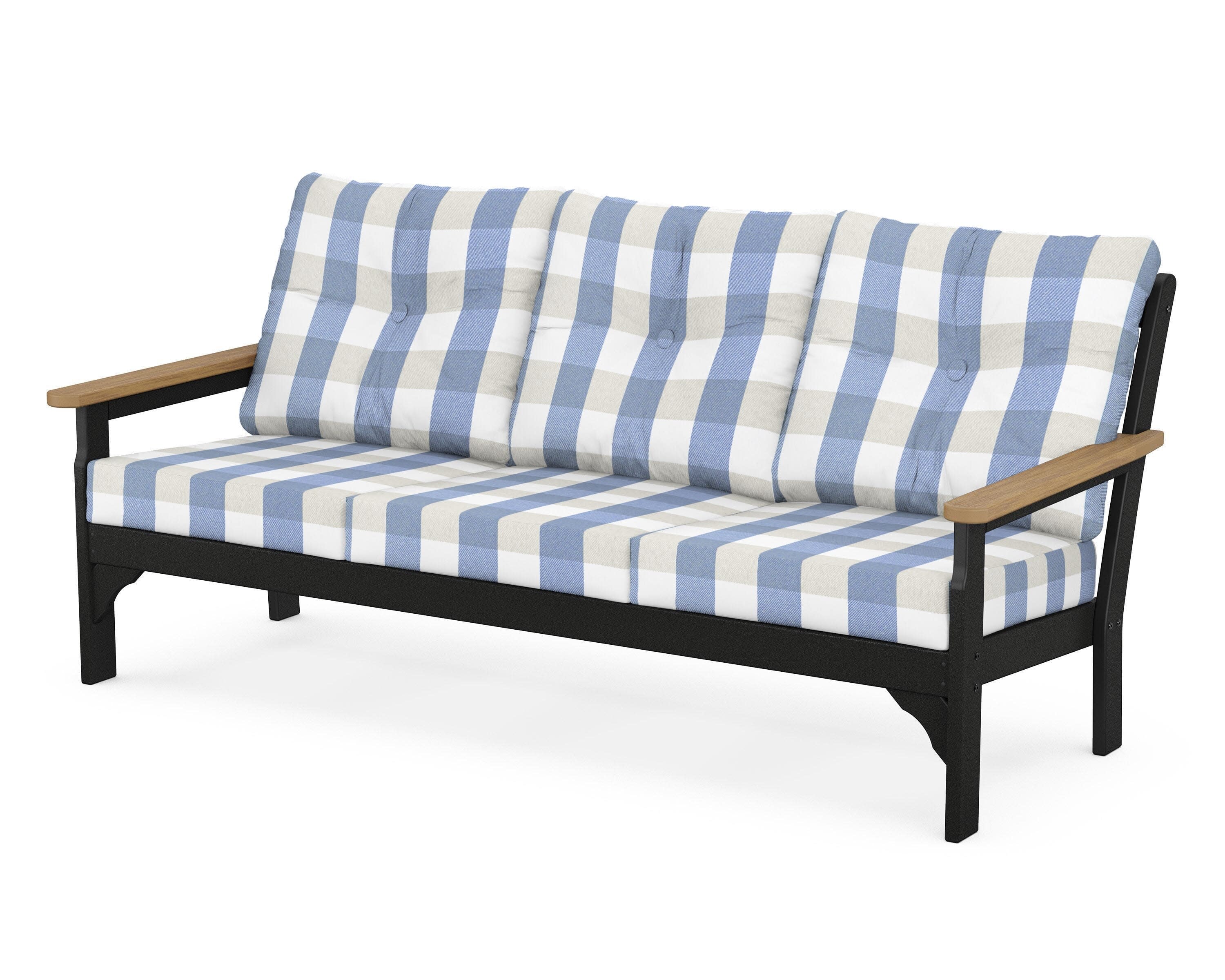 Vineyard Deep Seating Sofa in Black / Natural / Buffalo Plaid Sky Blue
