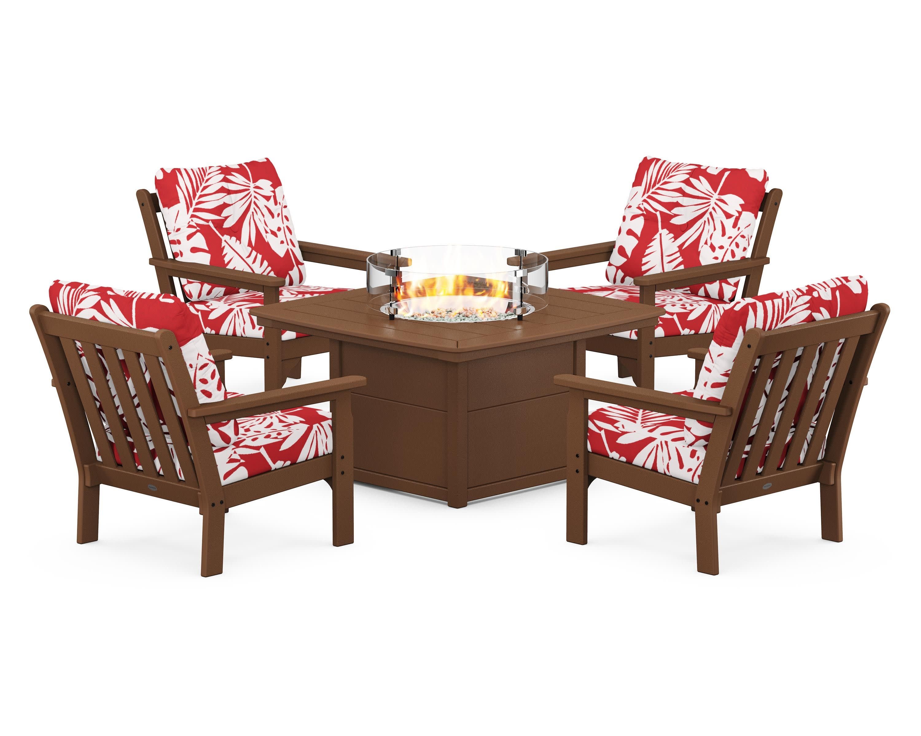 Vineyard 5-Piece Conversation Set with Fire Pit Table in Teak / Leaf Crimson