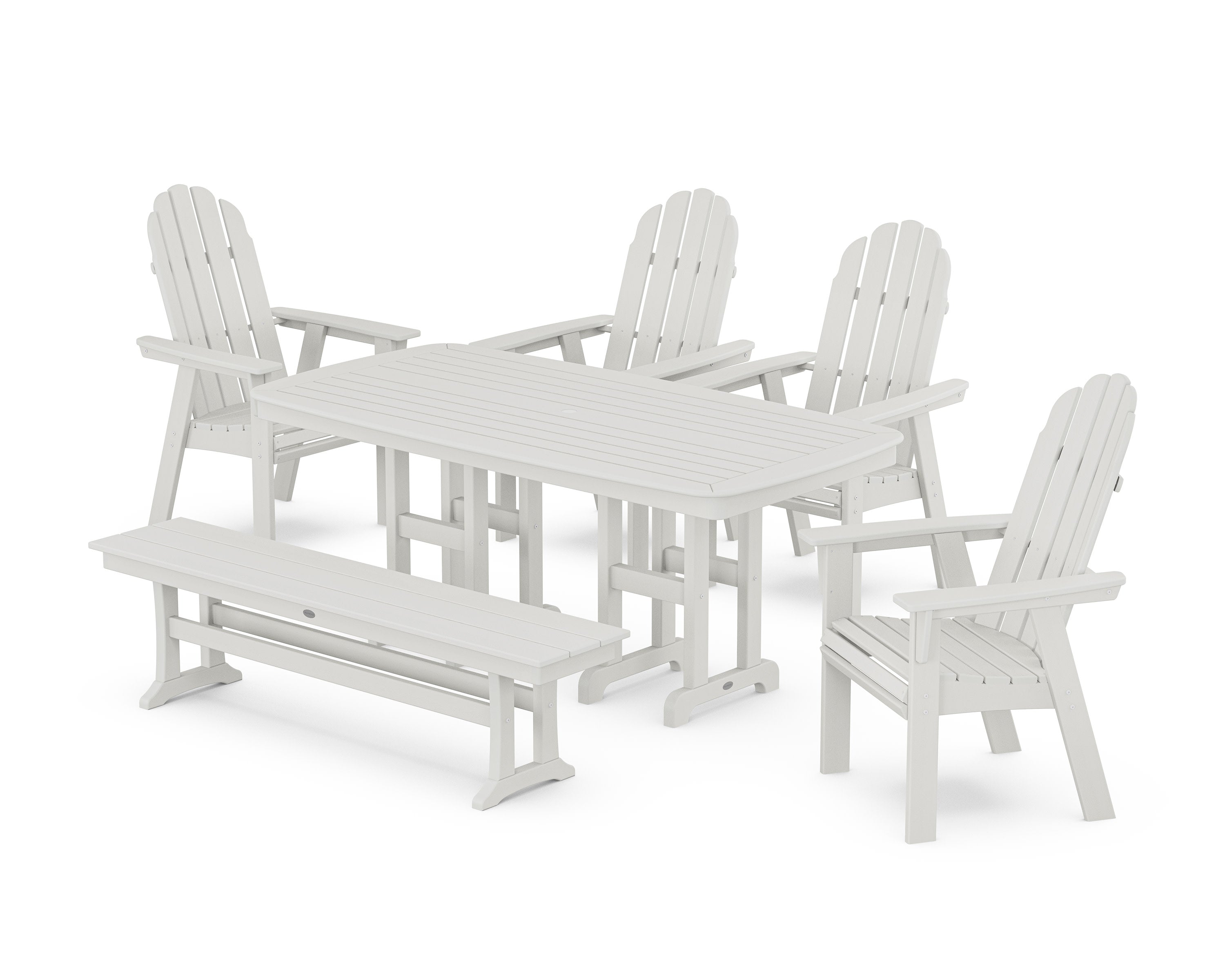 Vineyard Curveback Adirondack Chair 6-Piece Dining Set with Bench in Vintage White
