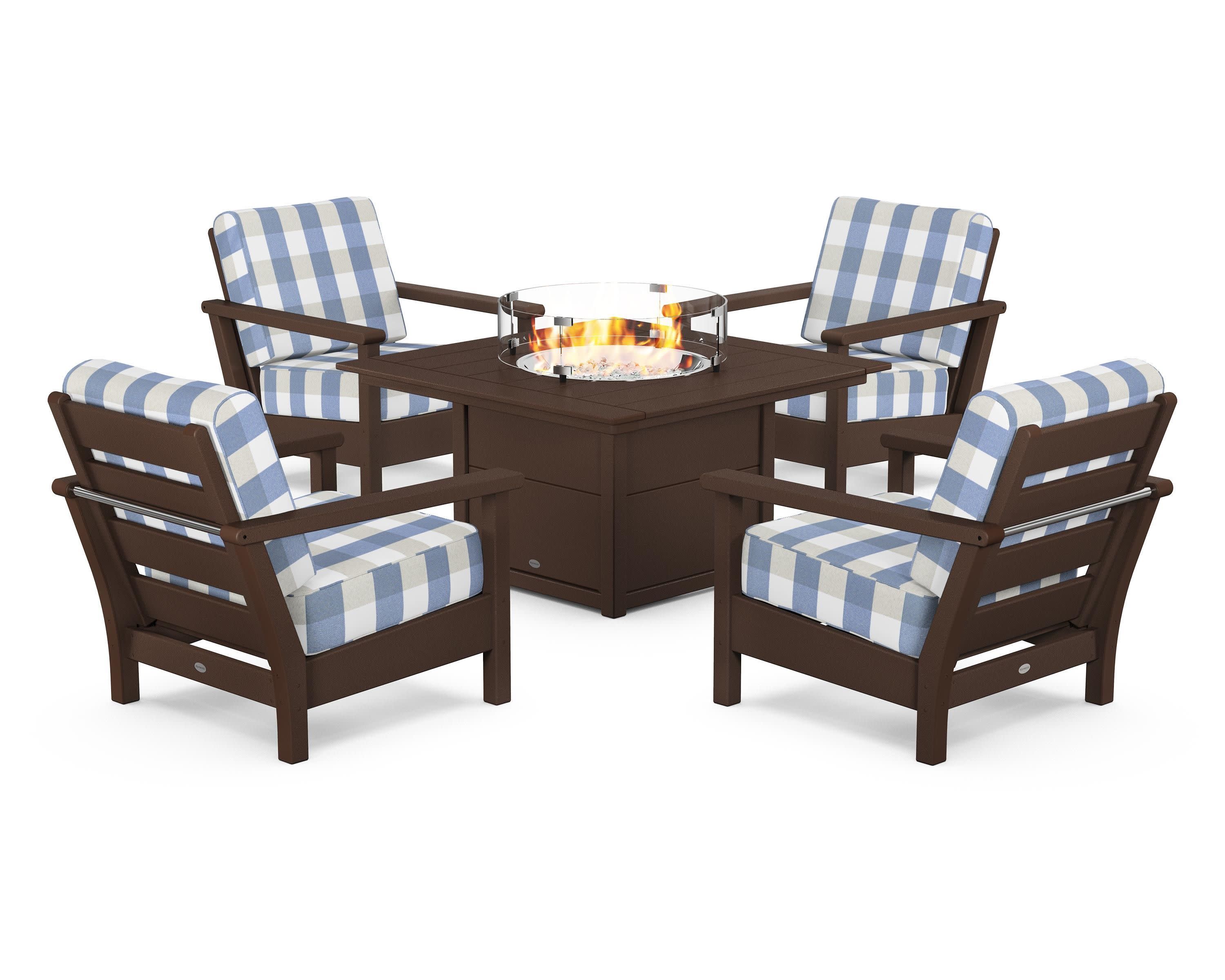 Harbour 5-Piece Conversation Set with Fire Pit Table in Mahogany / Buffalo Plaid Sky Blue