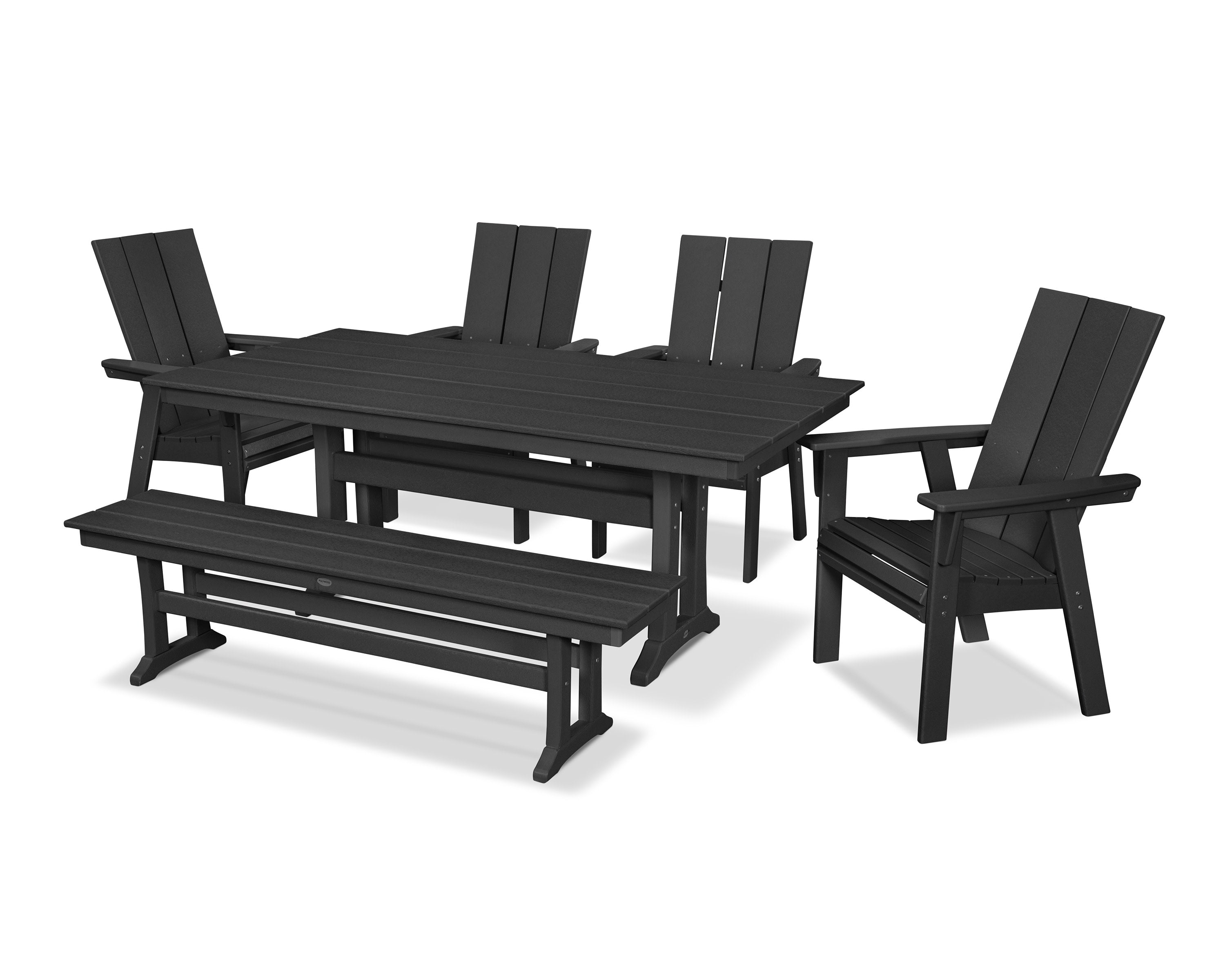 Modern Curveback Adirondack 6-Piece Farmhouse Dining Set with Trestle Legs and Bench in Black